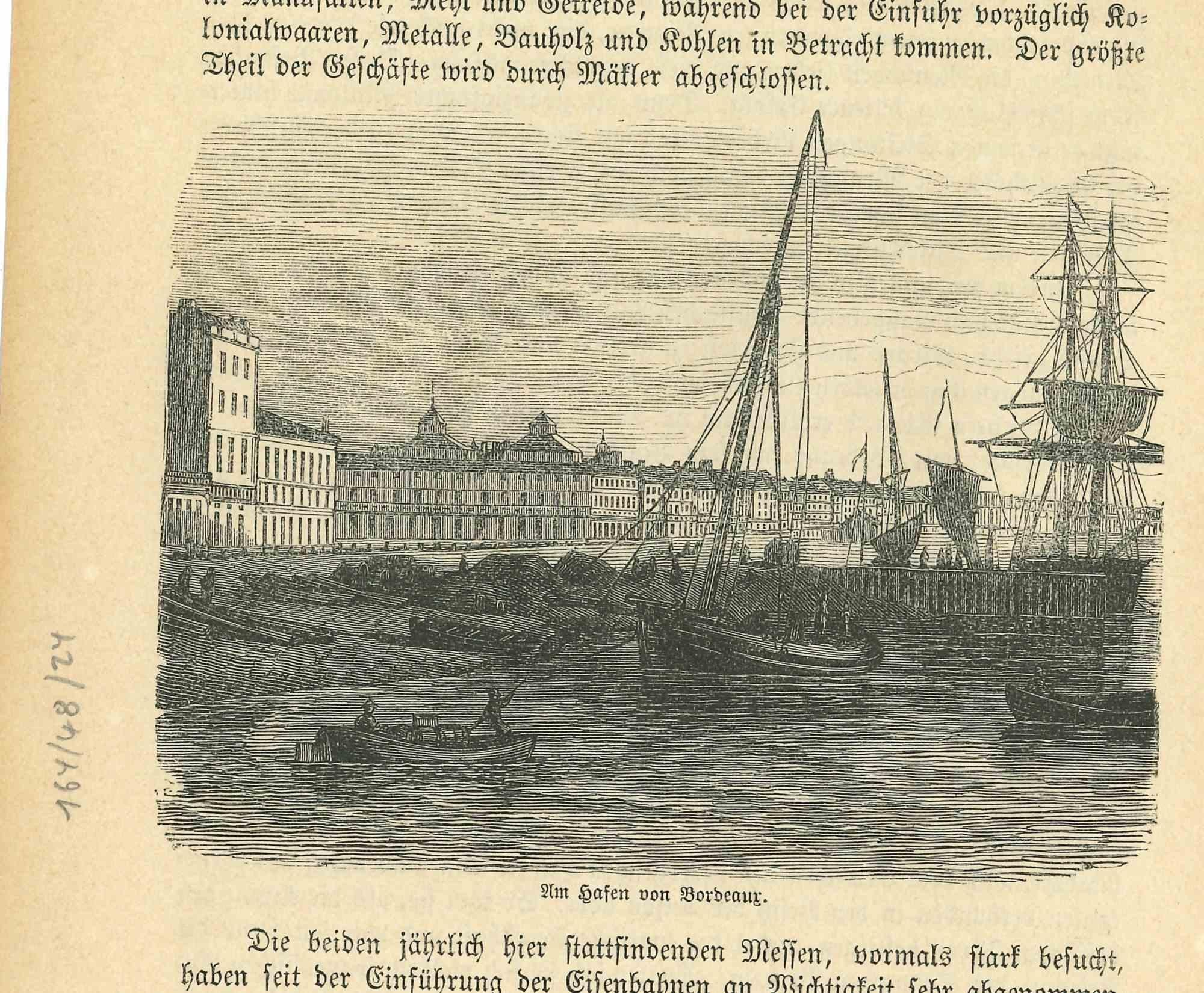 Antica veduta di Bordeaux - Litografia originale  - Metà del XIX secolo