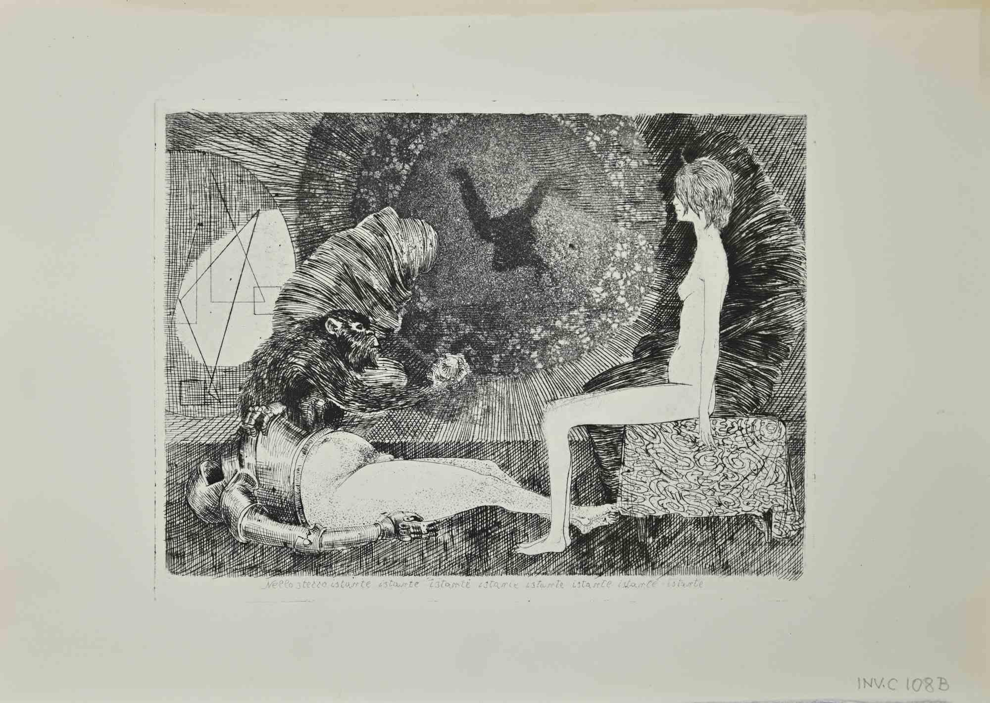 Al mismo tiempo hay una obra de arte realizada por Leo Guida, en la década de 1970. 

Aguafuerte sobre papel.

Titulado en la parte inferior.

Buen estado de conservación, con ligeras manchas.