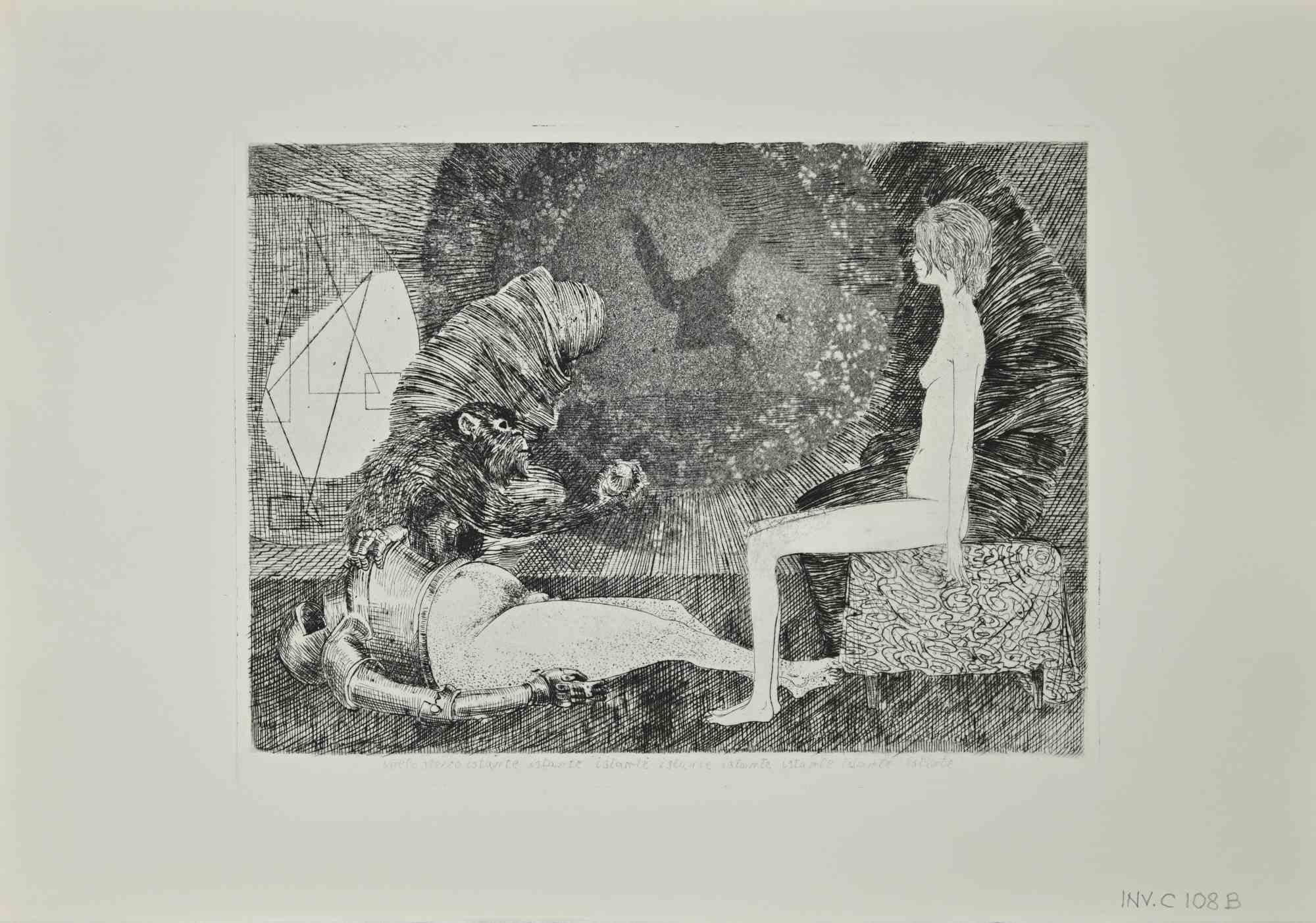 Al mismo tiempo hay una obra de arte realizada por Leo Guida, en la década de 1970. 

Aguafuerte sobre papel.

Titulado en la parte inferior.

Buenas condiciones.