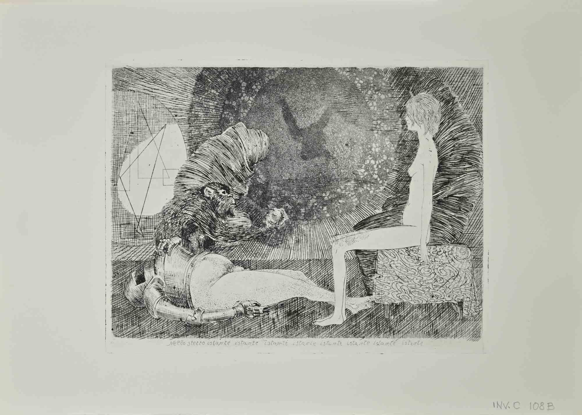 Al mismo tiempo hay una obra de arte realizada por Leo Guida, en la década de 1970. 

Aguafuerte sobre papel.

Titulado en la parte inferior.

Buenas condiciones.