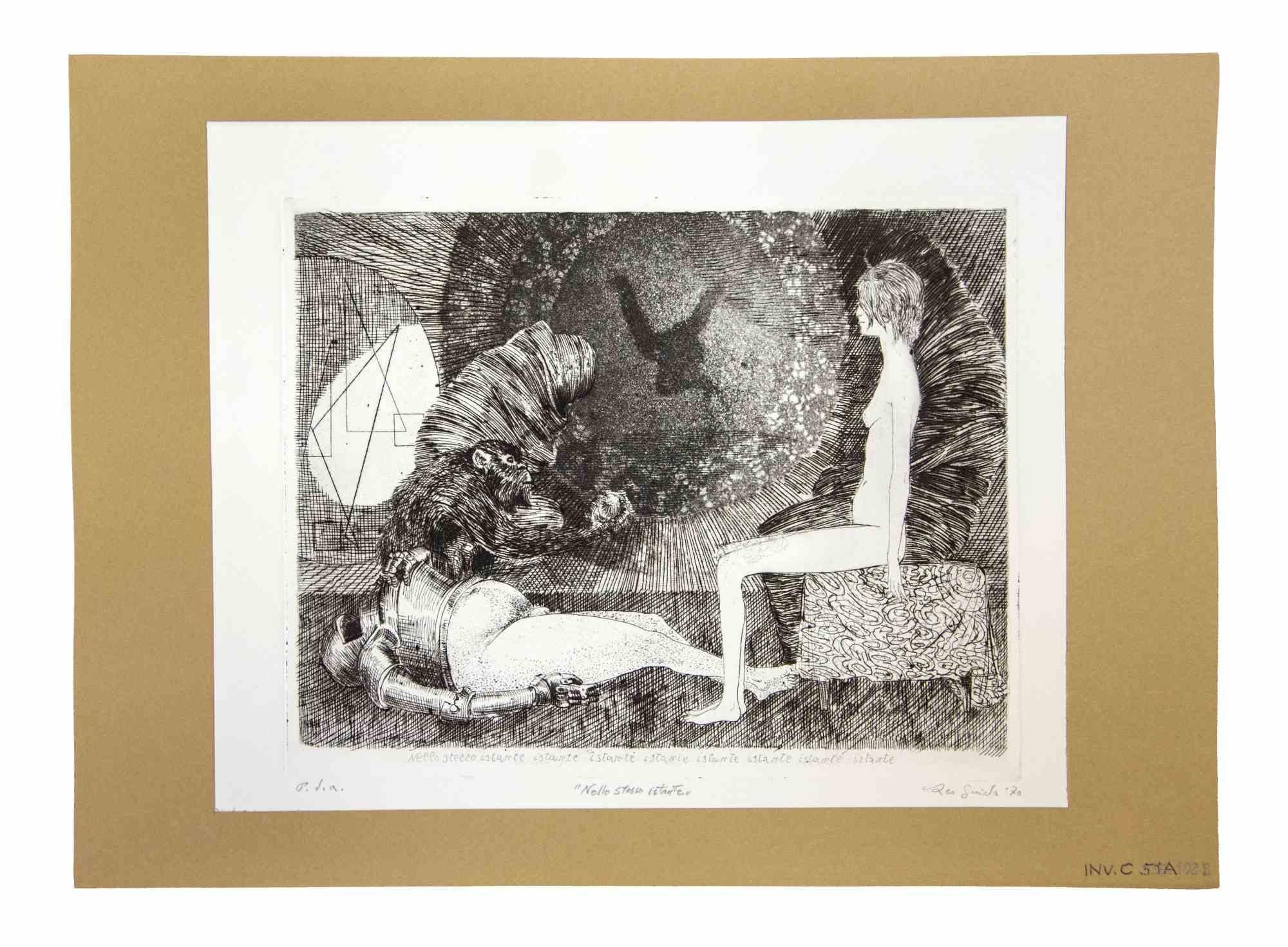 At the Same Time is an original etching and aquatint realized by Leo Guida in 1970s.

Good condition.

Mounted on a white cardboard passpartout (35x50).

Leo Guida  (1992 - 2017). Sensitive to current issues, artistic movements and historical