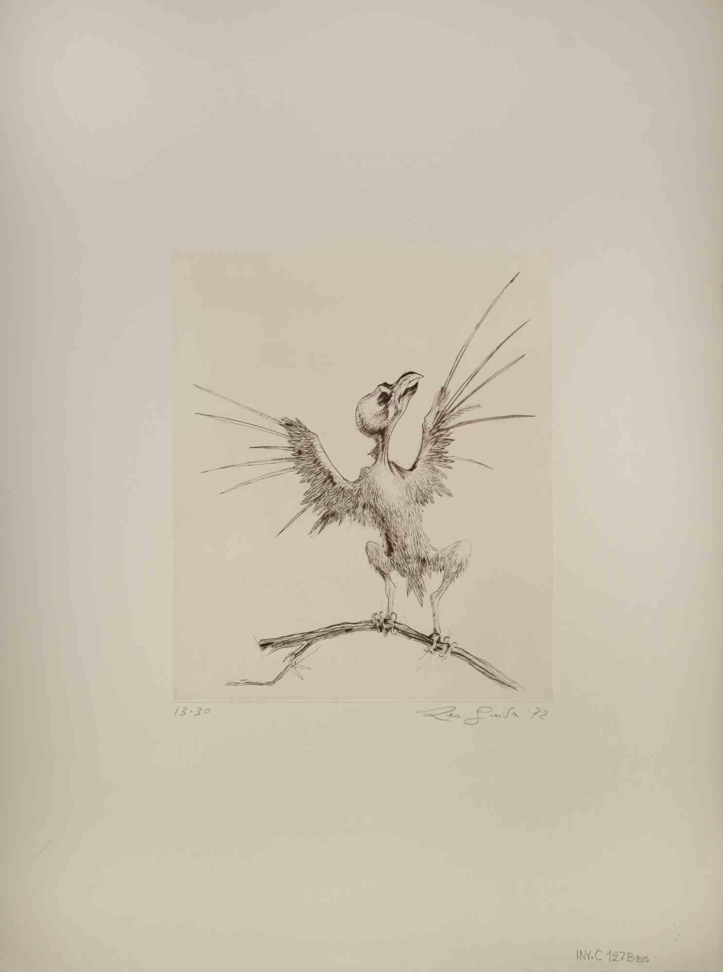 Bird is a Contemporary artwork realized  in 1972  by the italian Contemporary artist  Leo Guida  (1992 - 2017).

Original black and white etching on ivory-colored cardboard.

Hand-signed, dated and numbered.

In this artwork is represented a bird.