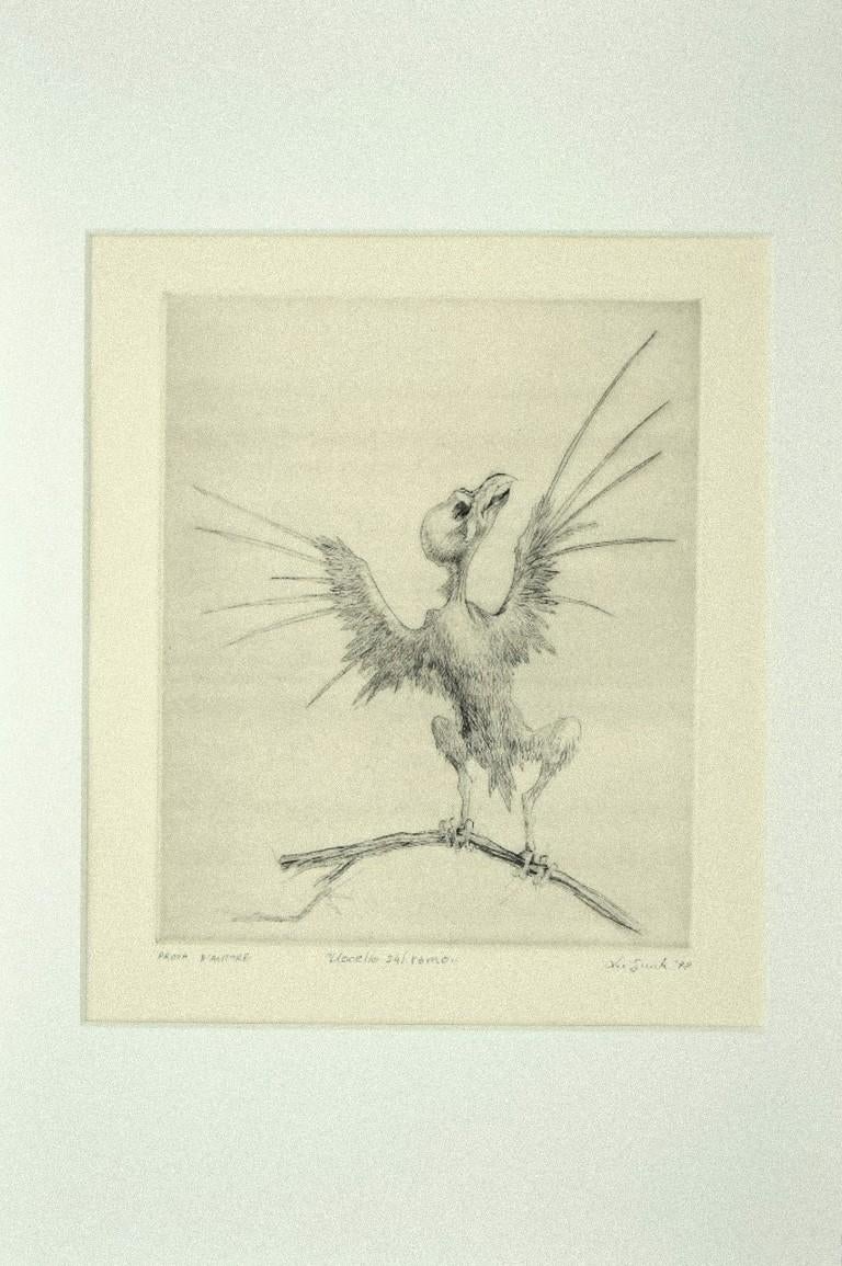 Bird on the Branch is an original colored etching on paper realized by Leo Guida in 1972.

Hand-signed in pencil and dated on the lower right. Title, Uccello sul ramo, on the bottom center. "Prova d'autore", on the lower left.

The state of