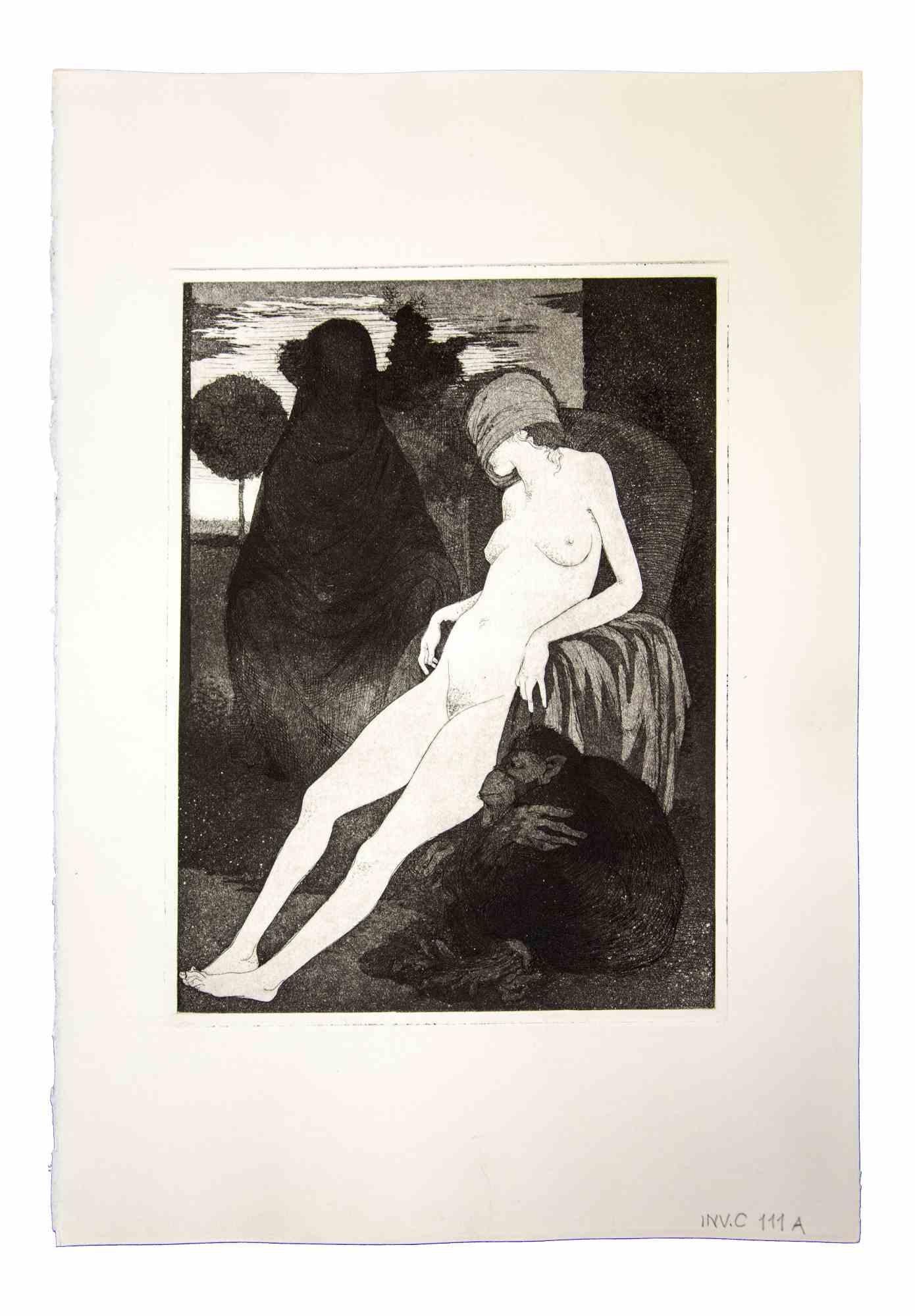 Blindfold Sibyl is an original etching and aquatint realized by Leo Guida in 1970S.

Guter Zustand.

Mounted on a white cardboard passpartout (50x34).

Artist proof.

Leo Guida  (1992 - 2017). Sensitive to current issues, artistic movements and