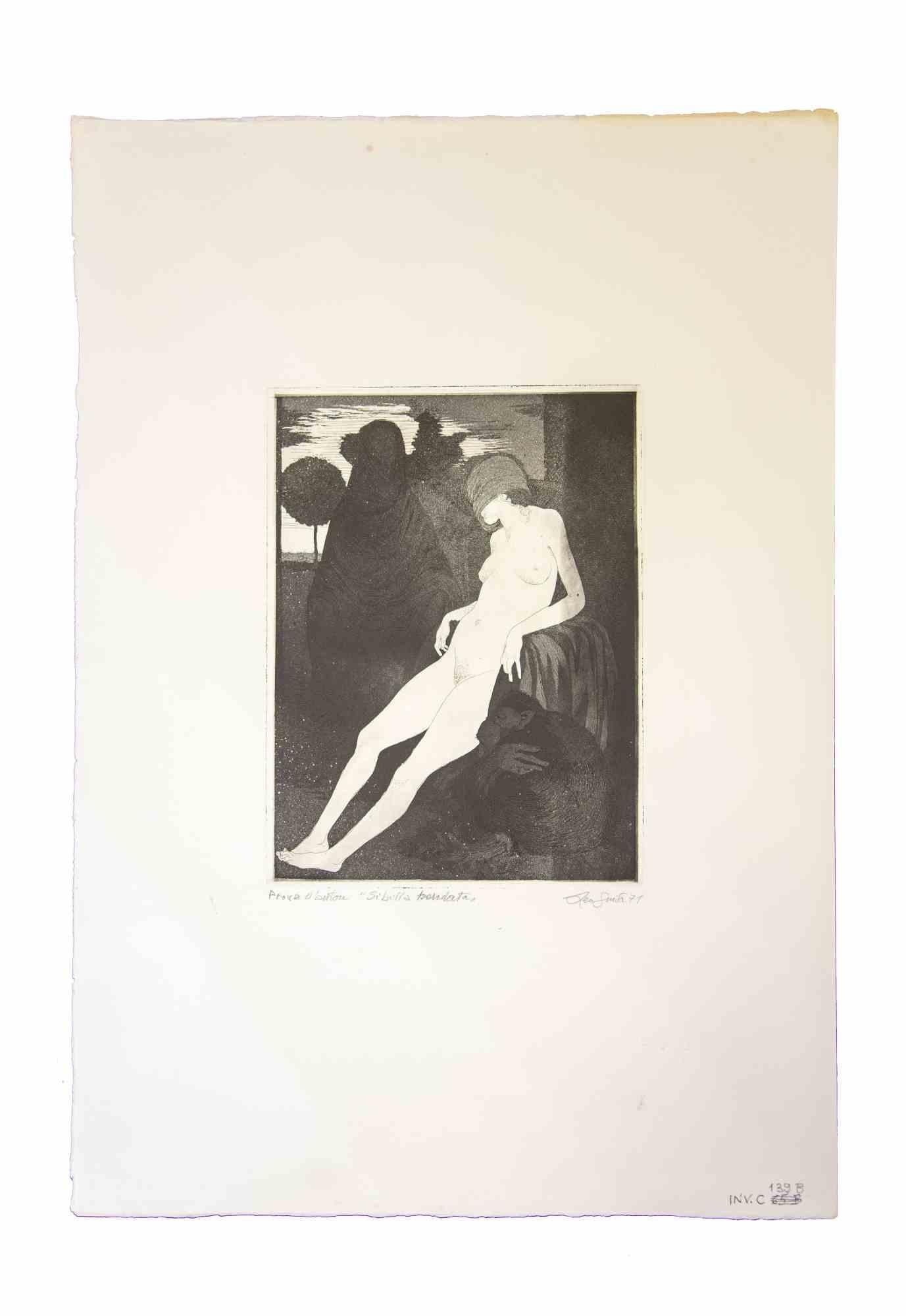  Blindfold Sibyl is an original etching and aquatint realized by Leo Guida in 1971.

 Good condition.

Mounted on a white cardboard passpartout .

Dated and signed by the author.

Artist proof.

Leo Guida  (1992 - 2017). Sensitive to current issues,