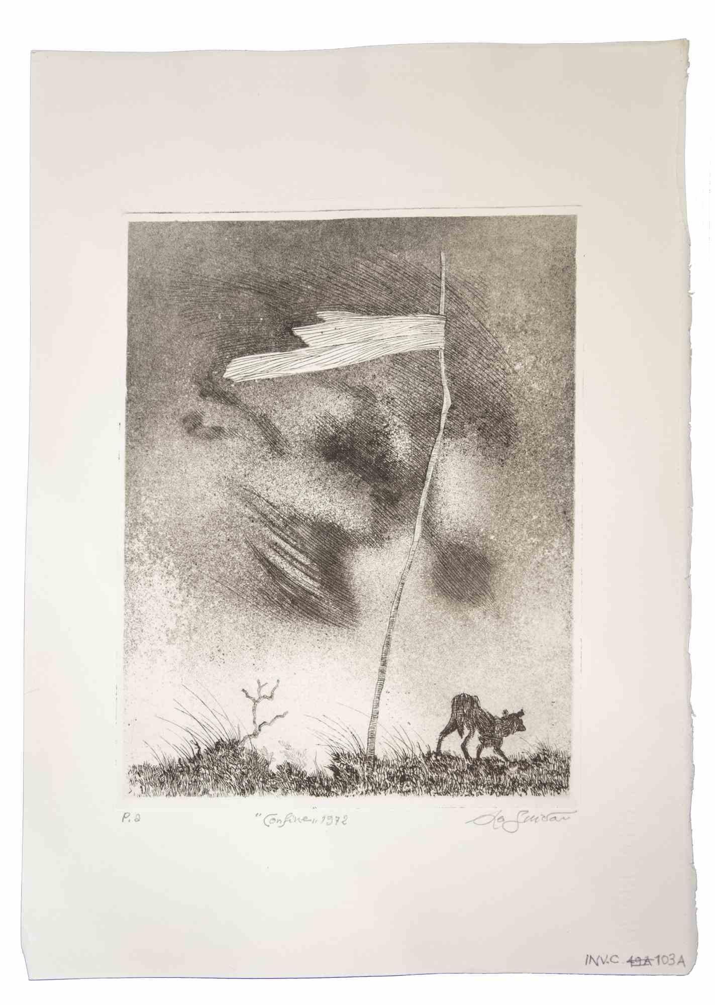 Boundary is an original etching and aquatint realized by Leo Guida in 1971.

Good condition, artist proof signed and titled.

Mounted on a white cardboard passpartout (50x34 cm).

Leo Guida  (1992 - 2017). Sensitive to current issues, artistic
