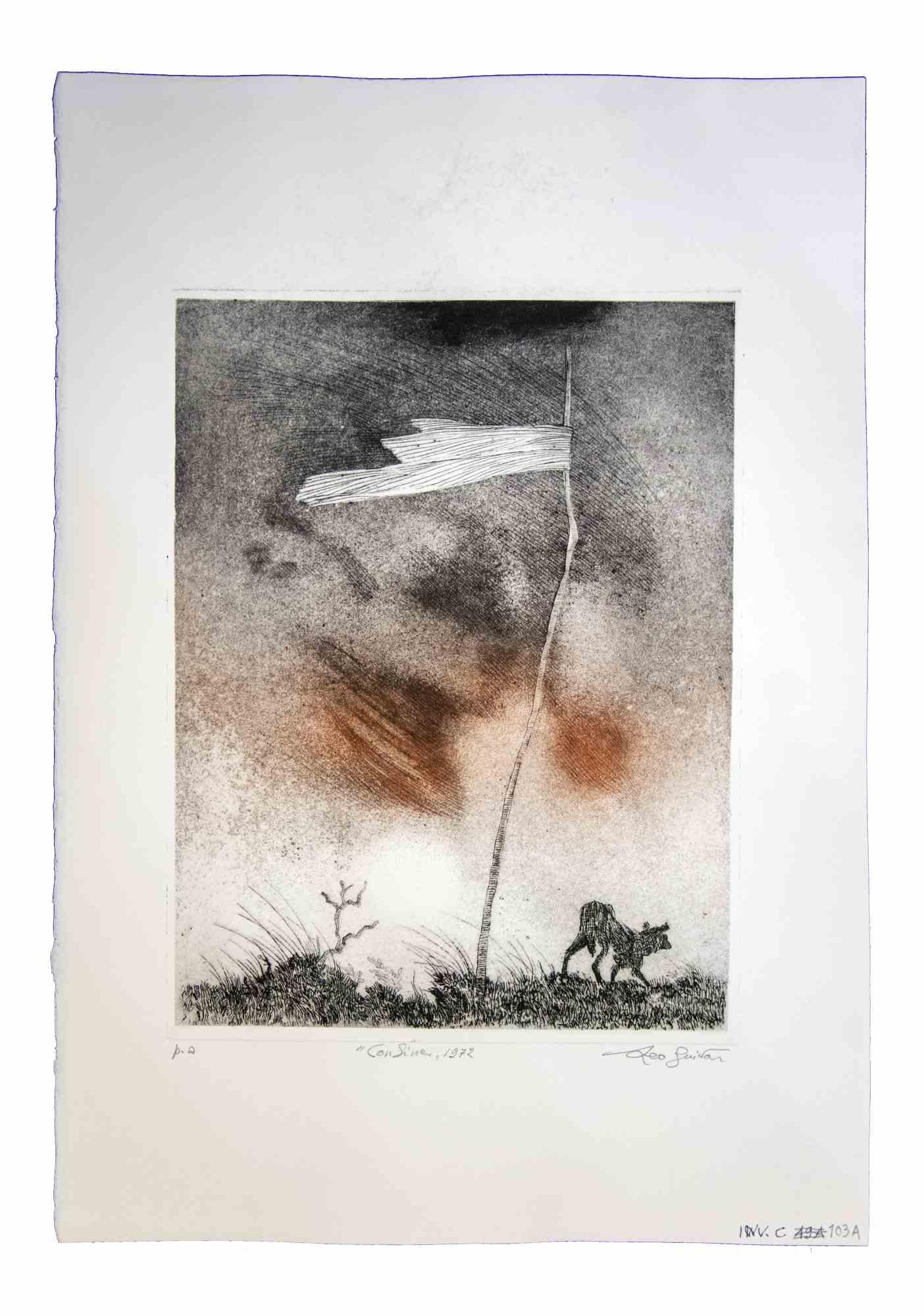 Boundary is an original etching and aquatint realized by Leo Guida in 1970s.

Good condition, artist proof, signed and titled.

Mounted on a white cardboard passpartout (50x34 cm).

Leo Guida  (1992 - 2017). Sensitive to current issues, artistic