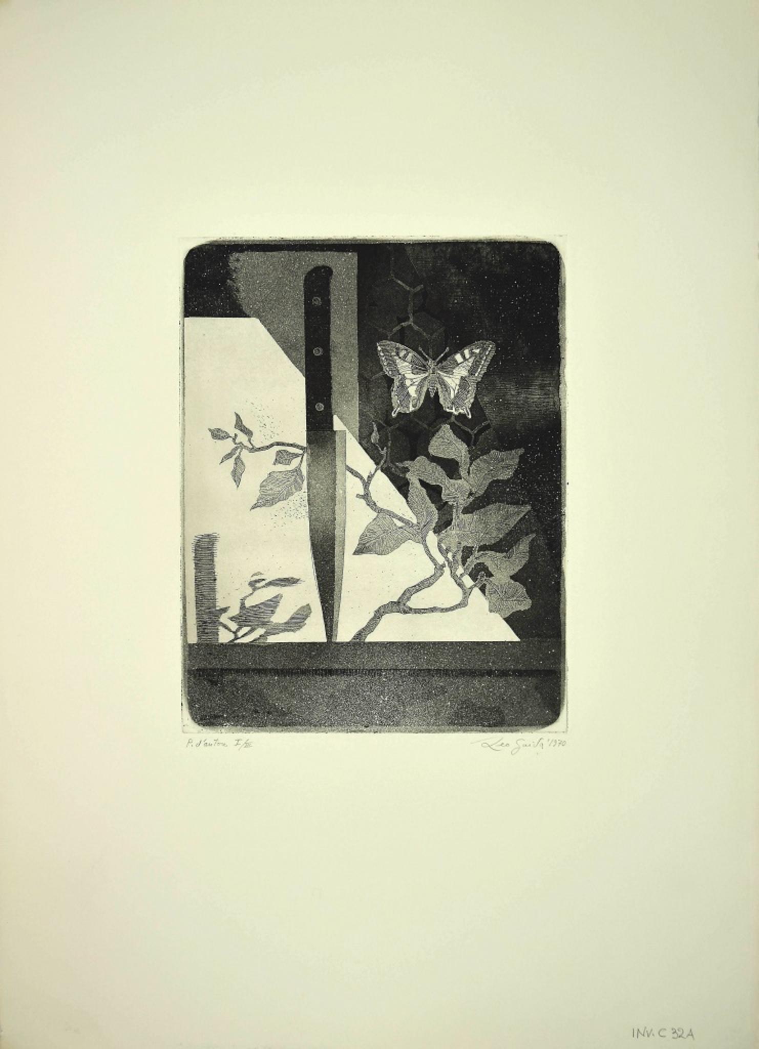 Couteau et couteau papillon - gravure originale de Leo Guida - 1970