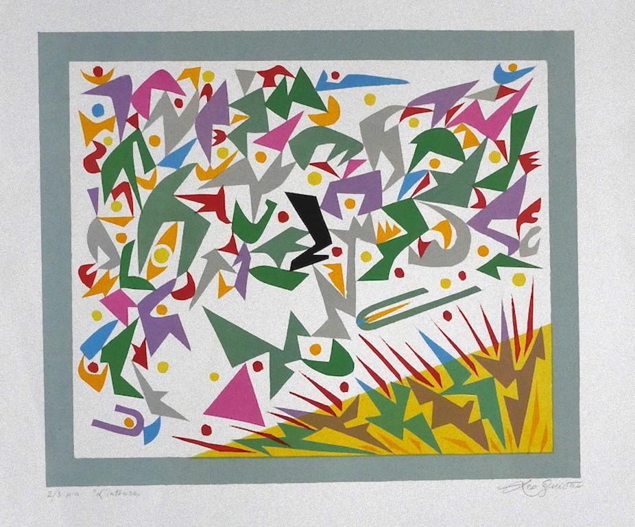 Composition est une œuvre d'art originale en gravure couleur sur carton réalisée par Leo Guida.

Signé à la main au crayon en bas à droite.

titré et numéroté en bas à gauche, édition 2/3.

L'état de conservation est bon, à l'exception de quelques
