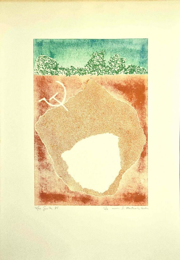 Composition is an original colored etching artwork on cardboard realized by Leo Guida in 1971.

Hand-signed in pencil and dated on the lower left, titled on the lower right.

The state of preservation is good except for some foxings along the
