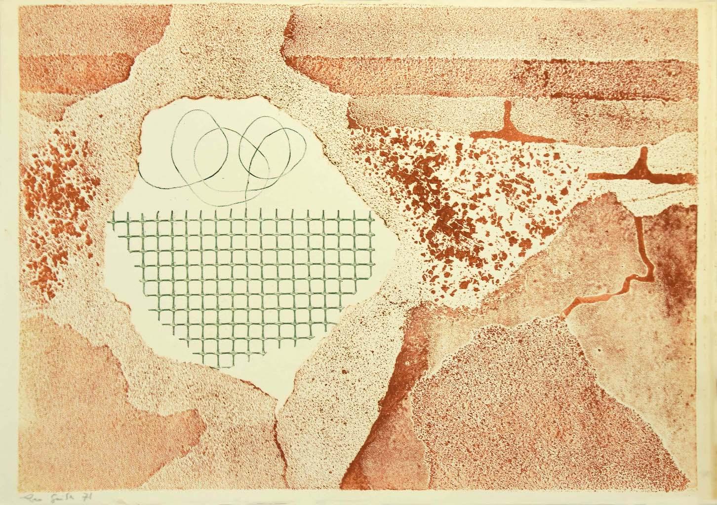 Composition is an original colored etching artwork on cardboard realized by Leo Guida in 1971.

Hand-signed in pencil and dated on the lower left.

The state of preservation is good except for some foxings along the margins.

The artwork represents