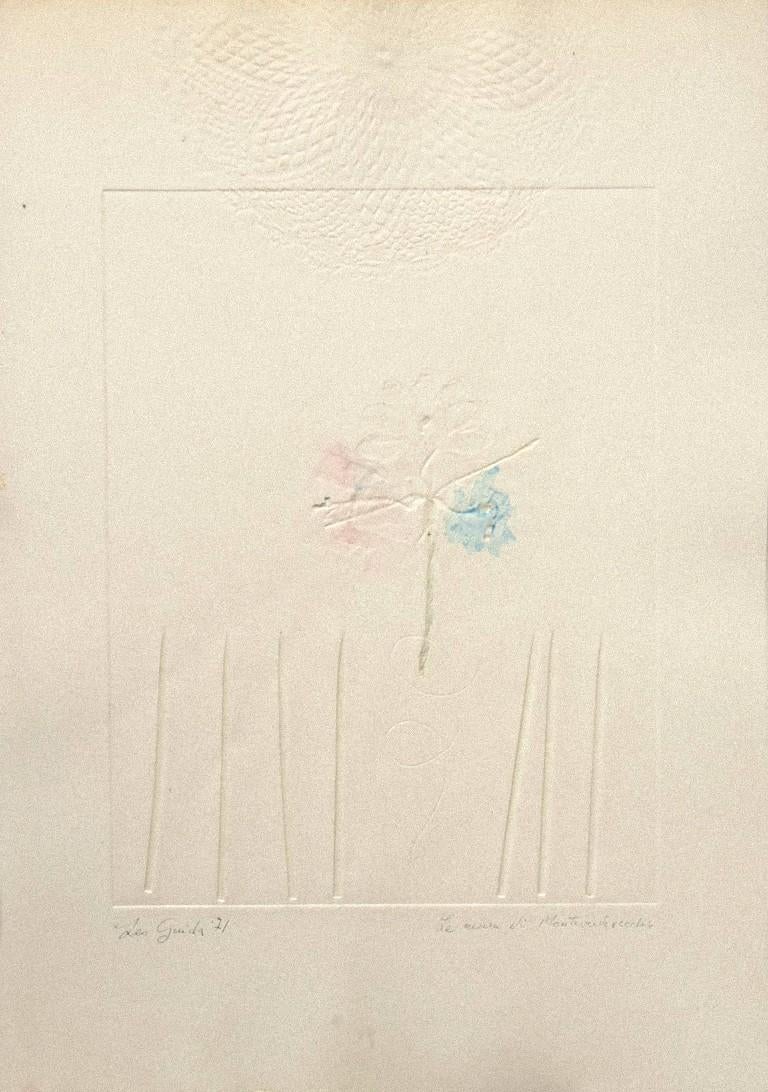 Composition is an original whitish etching on cardboard realized by Leo Guida in 1971.

Hand-signed in pencil and dated on the lower left. Titled on the lower right.

The state of preservation is very good.

The artwork represents a poetical