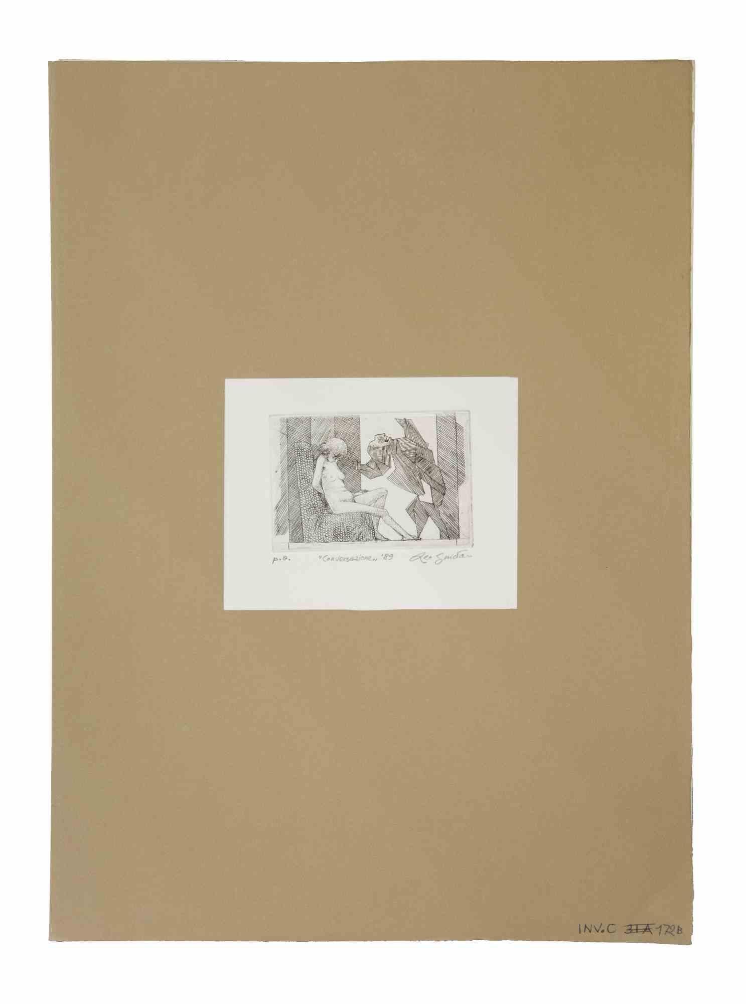 Conversation is an original etching and drypoint realized by Leo Guida in 1989.

Good condition.

Mounted on a white cardboard passpartout (50x35 cm), also with a brown passpartout.

Hand signed and dated with pencil, artist proof.

Leo Guida  (1992