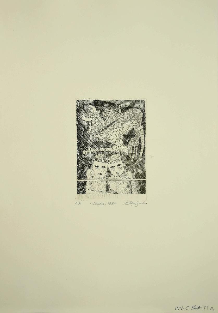 Paar – Schwarz-Weiß-Radierung von Leo Guida – 1988 im Angebot 1