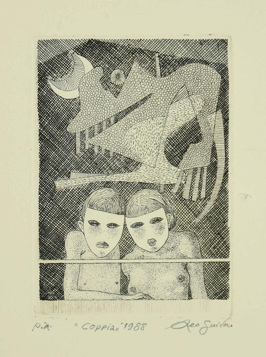 Couple is an original black and white etching realized in 1988 by Leo Guida.

Hand-signed and dated by the artist on the lower margin.

 The state of preservation is good, except for small rip along the right margins and folding of the sheet, which