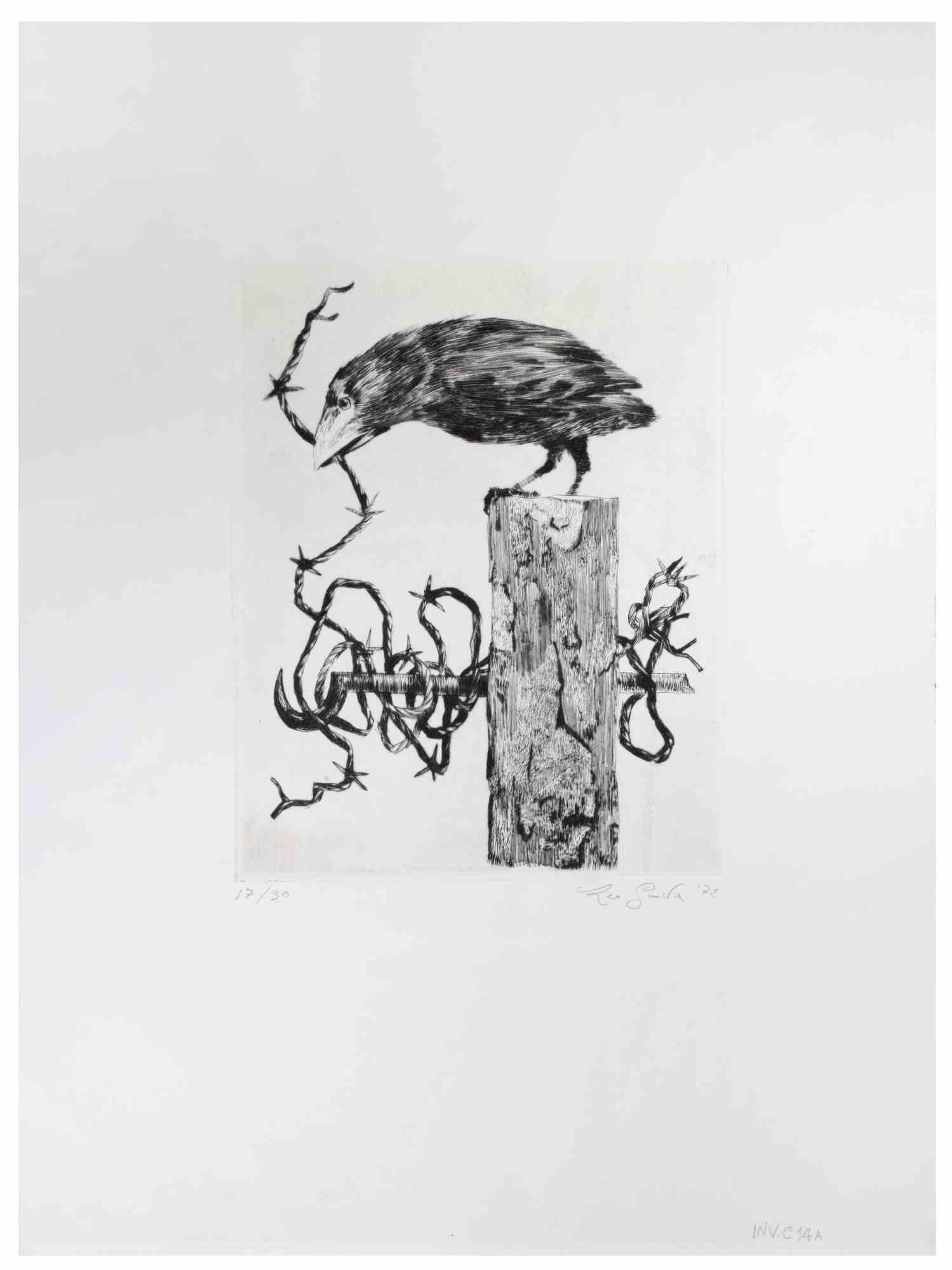 Crow is an artwork realized by the Contemporary Italian artist  Leo Guida (1992 - 2017) in 1972.

Original black and white etching on paper.

Hand Signed on the lower right margin, dated, Numbered, edition of 30 prints.

Very Good conditions.

Leo