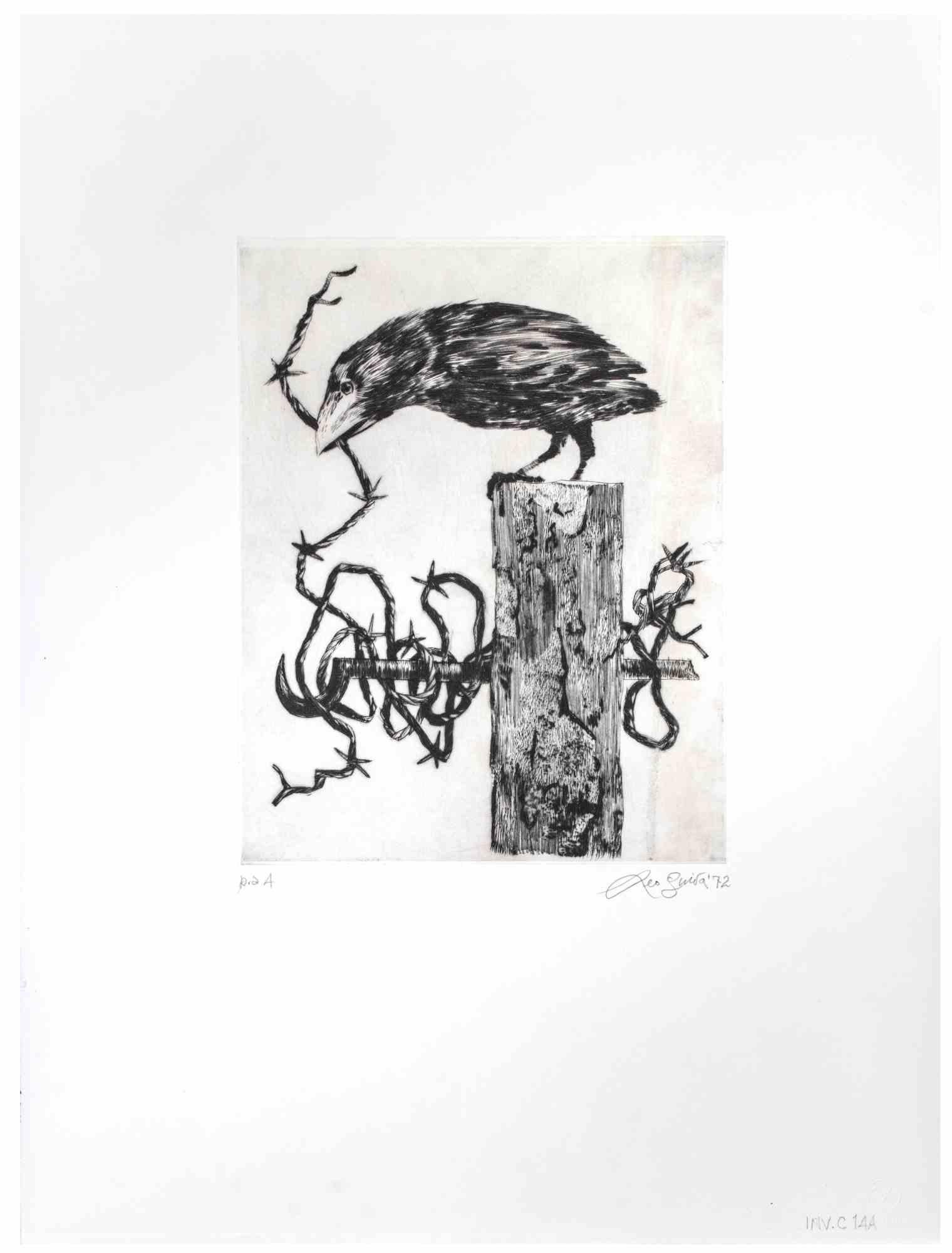 Crow ist ein Kunstwerk des zeitgenössischen italienischen Künstlers  Leo Guida (1992 - 2017) im Jahr 1972.

Original-Radierung in Schwarz-Weiß auf Papier.

Rechts unten am Rand handsigniert, datiert, Probedruck des Künstlers.

Sehr guter