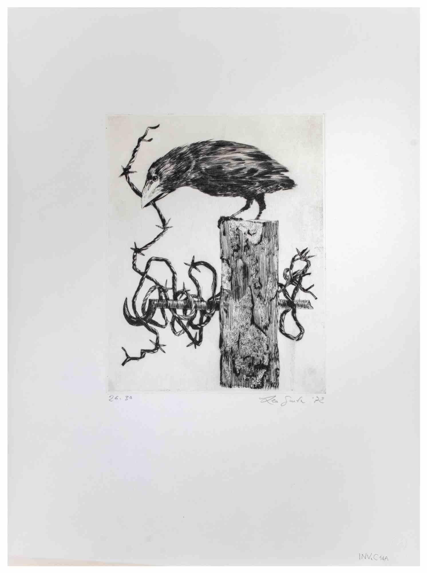 Cuervo es una obra de arte realizada por el artista italiano contemporáneo  Leo Guida (1992 - 2017) en 1972.

Grabado en blanco y negro sobre papel.

Firmado a mano en el margen inferior derecho, fechado y numerado, edición de 30 copias en el margen