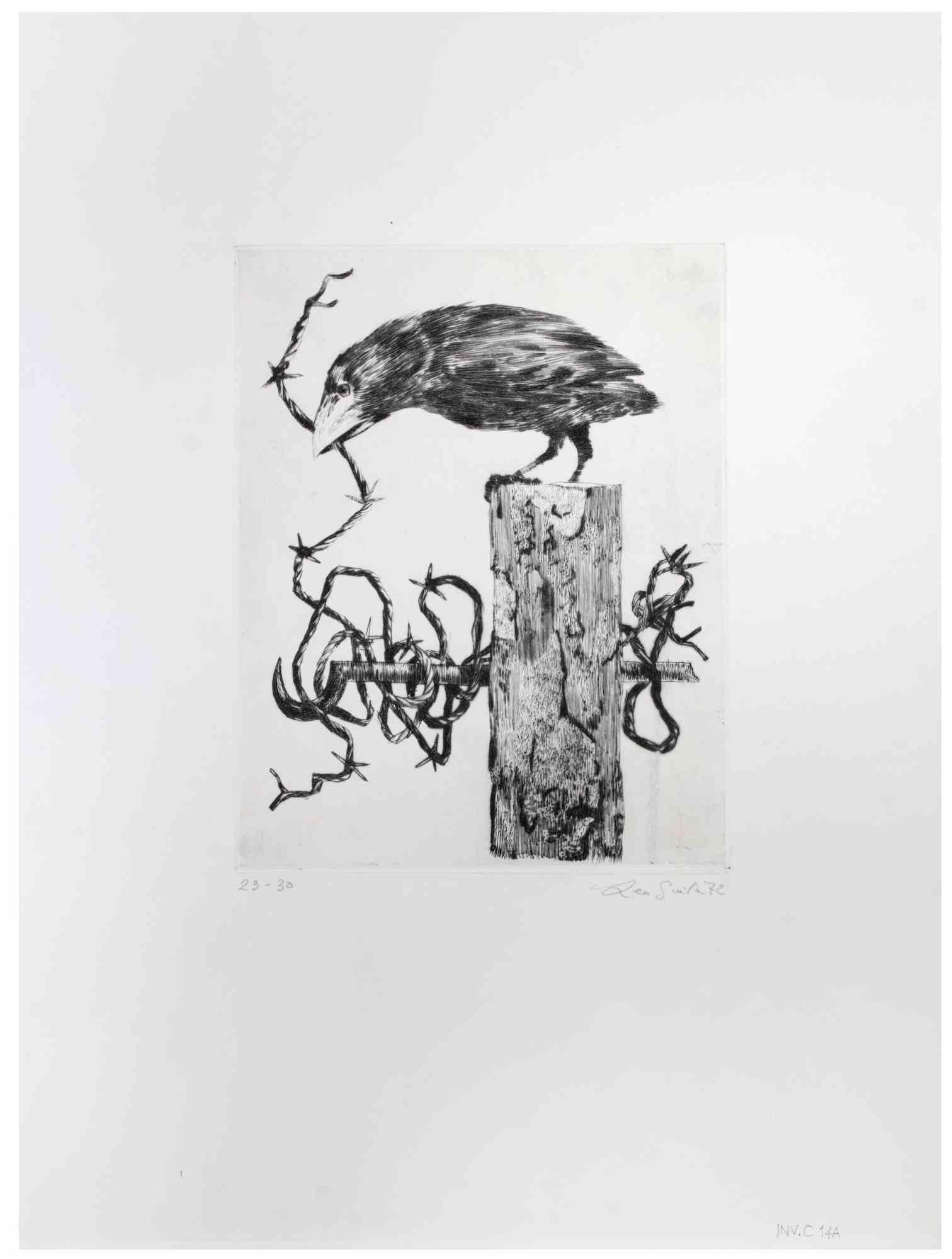 Crow ist ein Kunstwerk des zeitgenössischen italienischen Künstlers Leo Guida (1992 - 2017) aus dem Jahr 1972.

Schwarz-Weiß-Radierung auf Papier.

Handsigniert am unteren rechten Rand, datiert, nummeriert, Auflage: 30 Exemplare.

Sehr guter