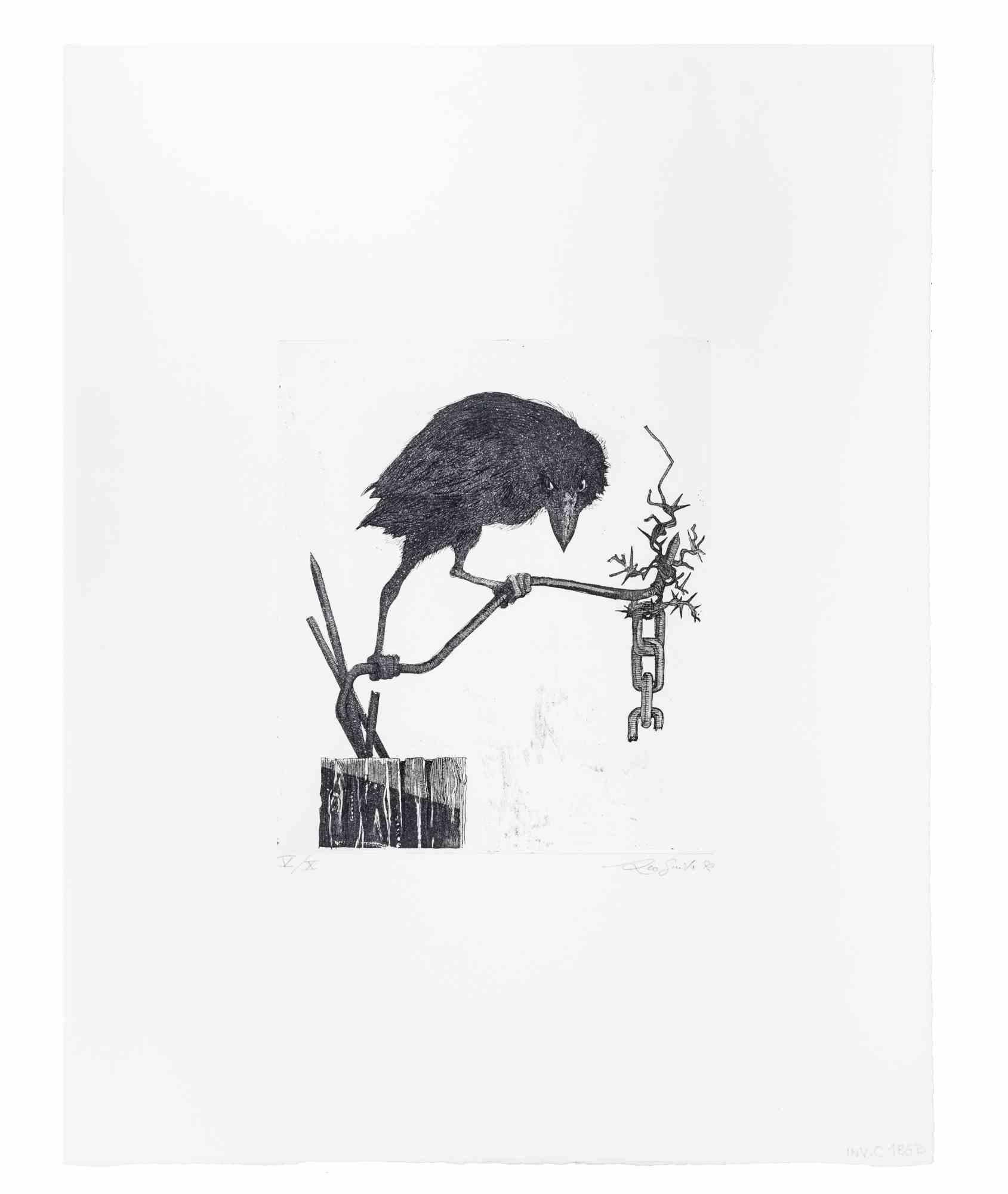 Crow on the Branch is an artwork realized in 1972 by the Italian Contemporary artist  Leo Guida  (1992 - 2017).

Original etching on cardboard. 

Hand Signed and dated on the lower right margin and numbered, edition V/X, on the left corner. 

Good
