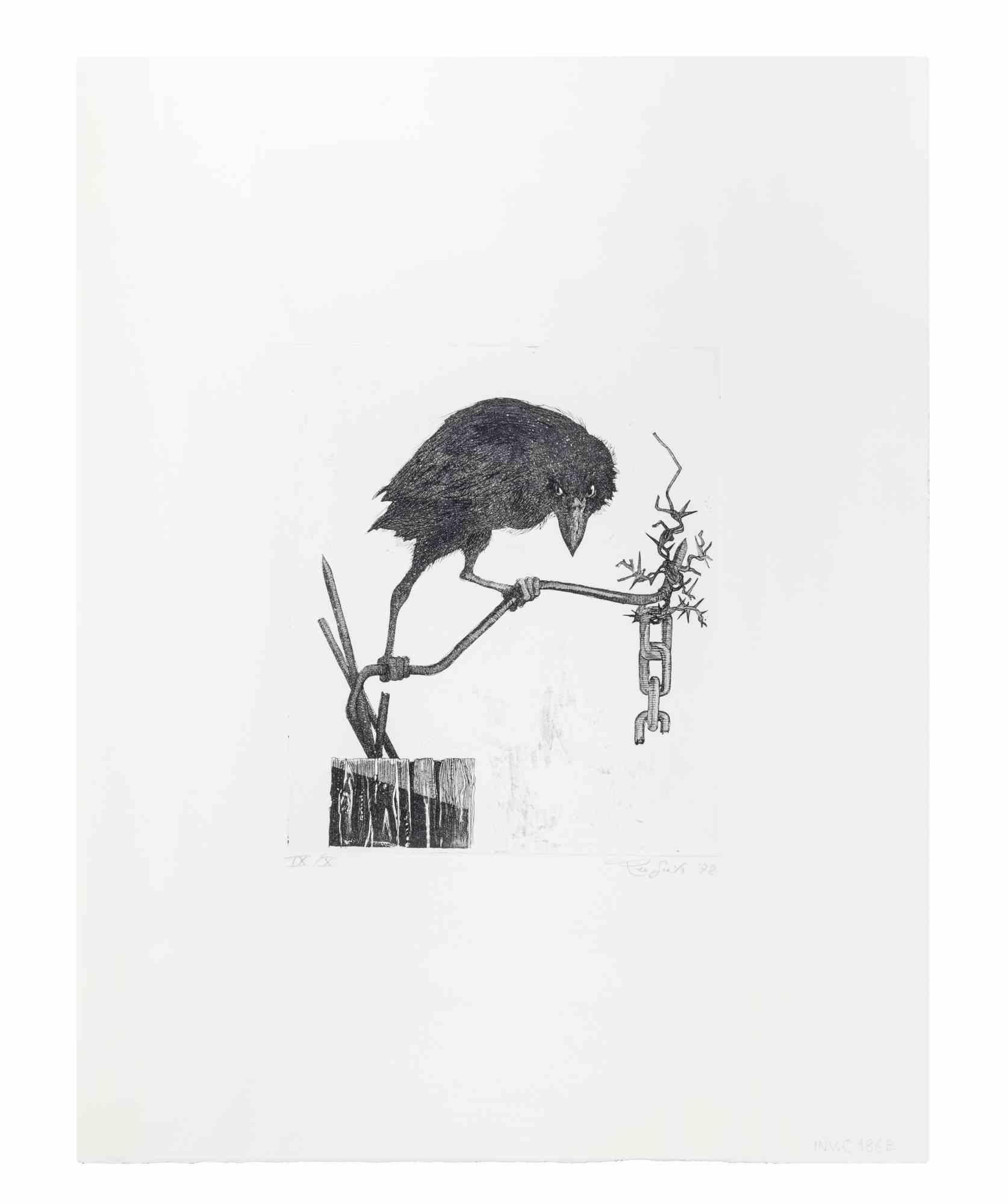 Crow on the Branch - Etching by Leo Guida - 1972