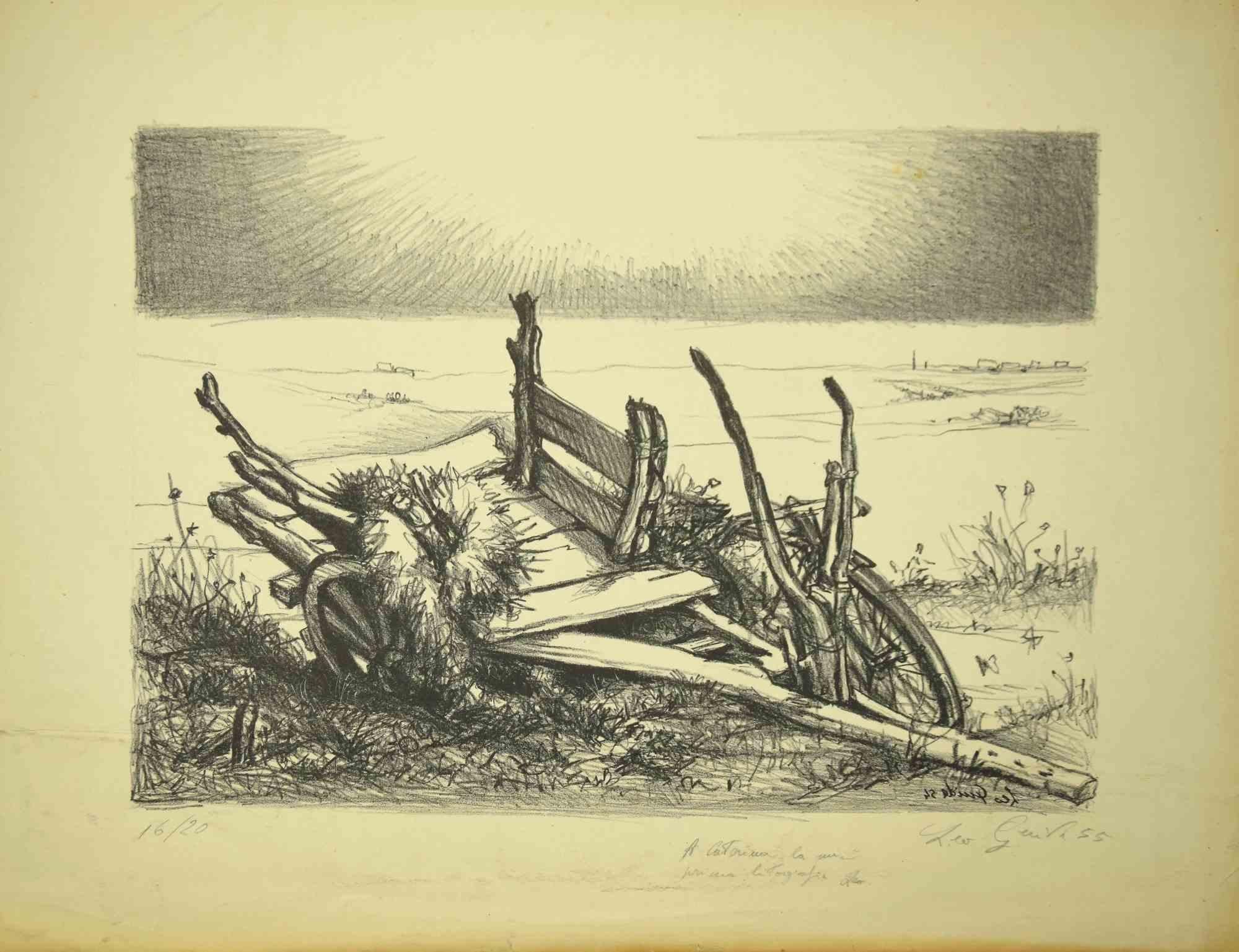 Paisaje desértico es una litografía original sobre papel realizada por Leo Guida en 1955.

Buen estado excepto por estar envejecido.

Leo Guida  (1992 - 2017). Sensible a los temas de actualidad, a los movimientos artísticos y a las técnicas