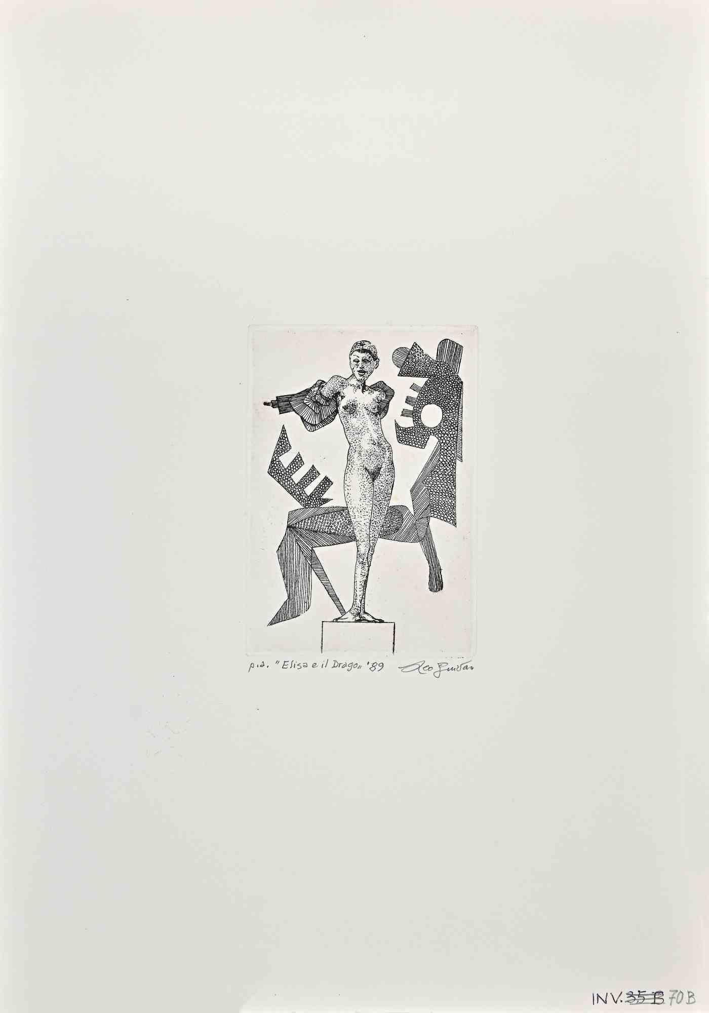 Elisa et le dragon est une gravure réalisée par Leo Guida dans les années 1971.

Bon état, épreuve d'artiste.

Signé, titré et daté par l'artiste au crayon dans la marge inférieure.

Artistics sensible aux questions d'actualité, aux mouvements