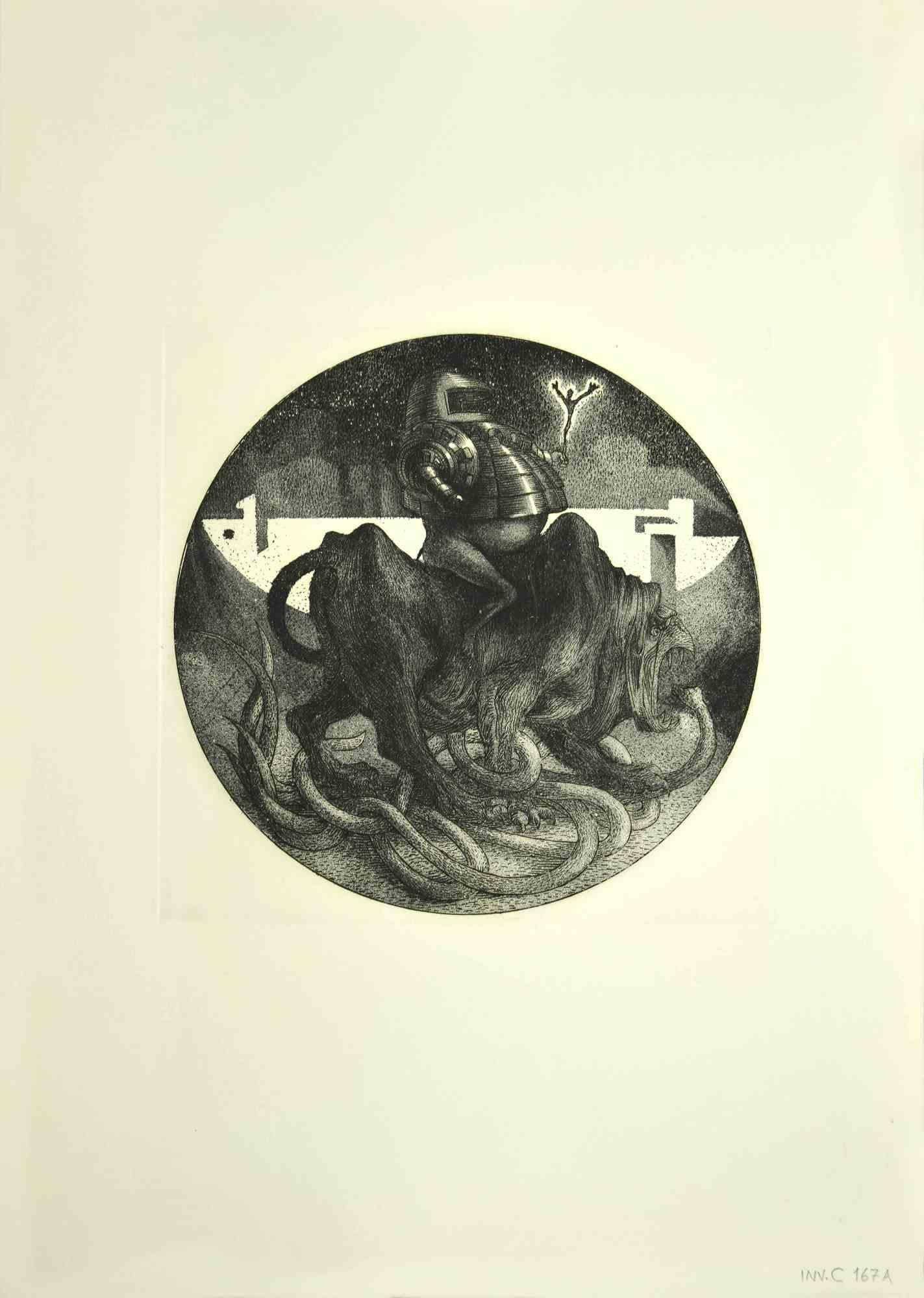 Eroe Vittorioso is an original artwork realized  in 1971  by the italian Contemporary artist  Leo Guida  (1992 - 2017).

Original black and white etching on ivory-colored cardboard.

Not signed.

In this artwork is represented an victorious