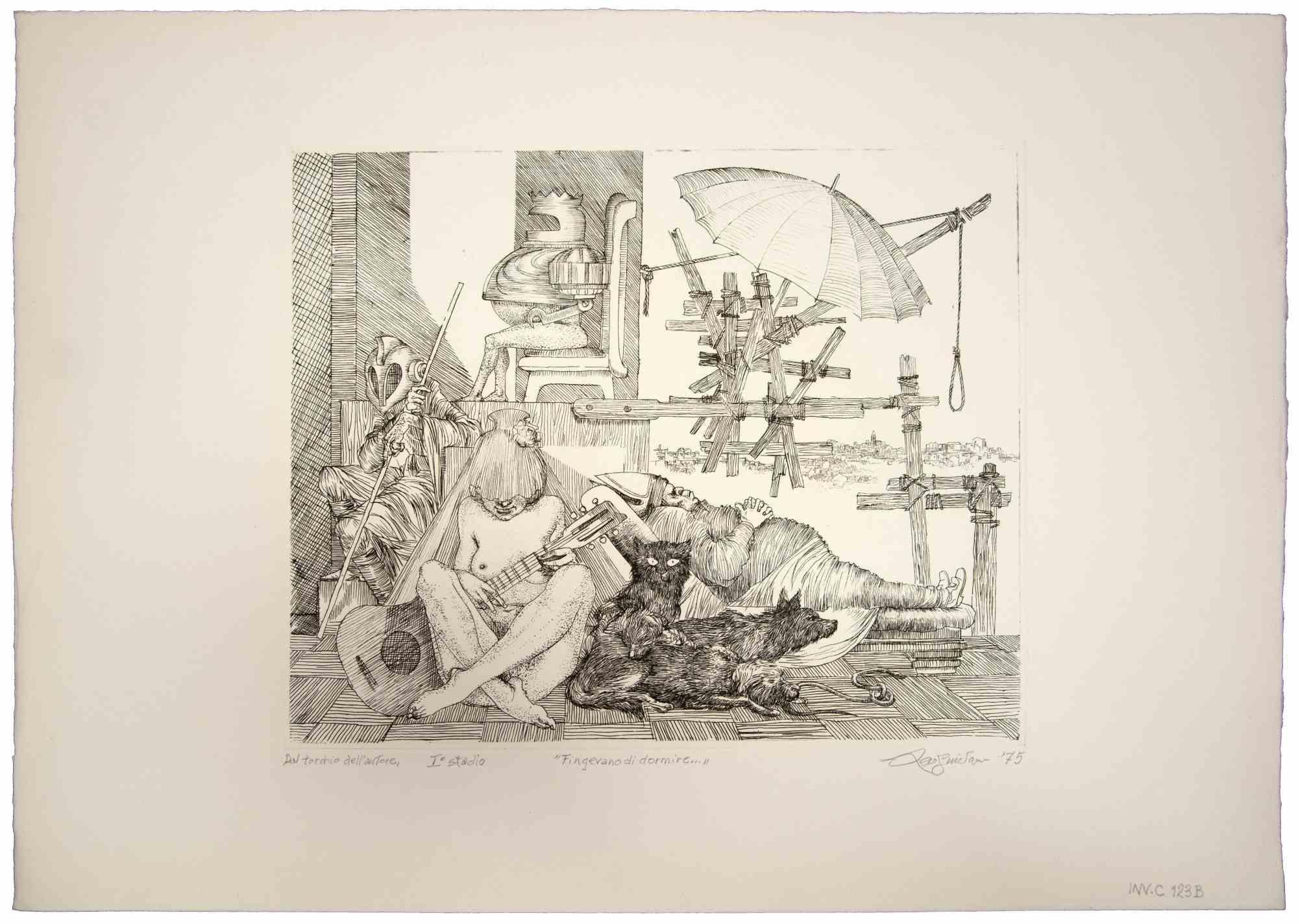 Fingevano di Dormire  (They Pretended to Sleep) is an original artwork realized by the italian Contemporary artist  Leo Guida  (1992 - 2017) in 1975s.

Original black and white etching on paper.

Excellent condition. Signed and dated on the lower