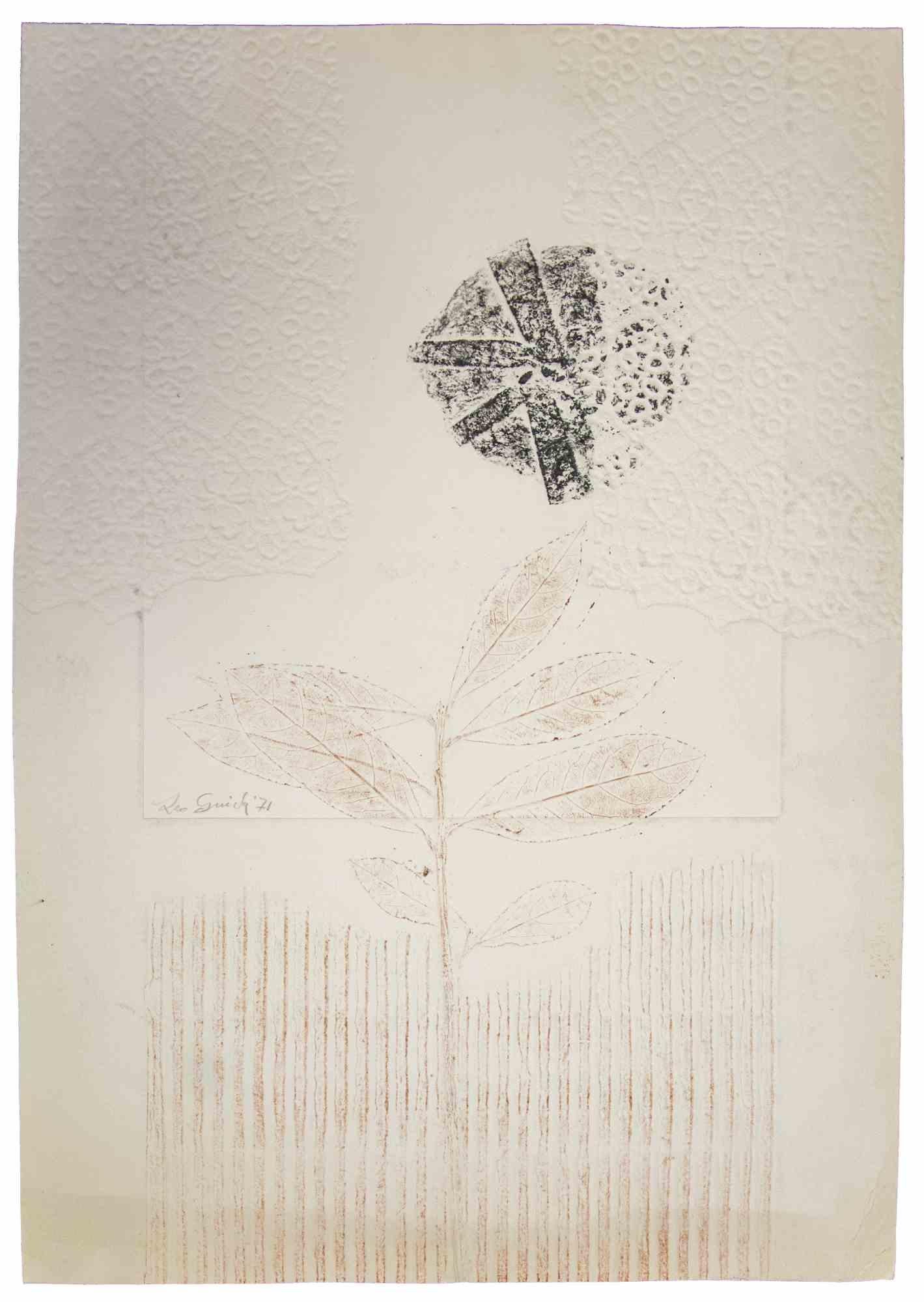 Floral Print  is an original artwork realized in 1971 by the italian Contemporary artist  Leo Guida  (1992 - 2017).

Etching, drypoint and embossing on ivory-colored cardboard.

Hand-signed and dated on the lower margin. 

In this artwork is