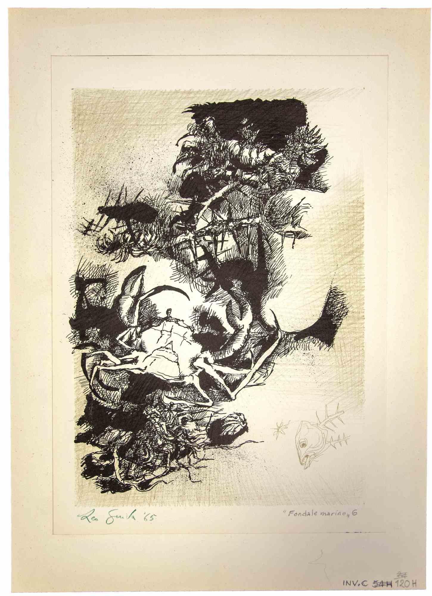 Fondale Marino ist ein originales zeitgenössisches Kunstwerk, das  im Jahr 1965  von dem italienischen zeitgenössischen Künstler  Leo Guida  (1992 - 2017).

Original-Radierung und Aquatinta auf elfenbeinfarbenem Papier, mit einem Karton (50 x 35