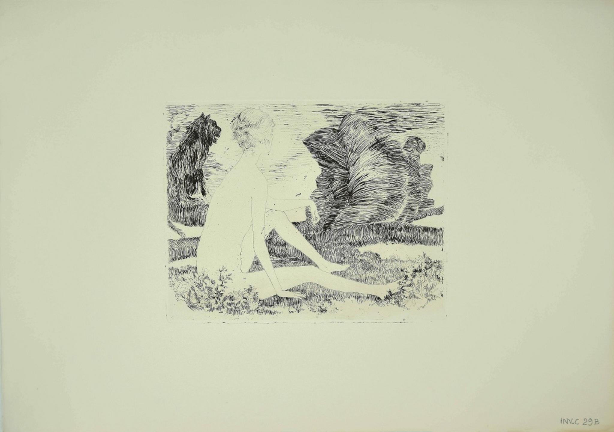 Mädchen mit Hund ist ein originales zeitgenössisches Kunstwerk des italienischen Künstlers Leo Guida aus dem Jahre 1970.

Original-Radierung auf Papier. 

Ausgezeichnete Bedingungen.   Abmessungen des Bildes: 24.5 x 0,1 x 32 cm. 

Leo Guida. Mit