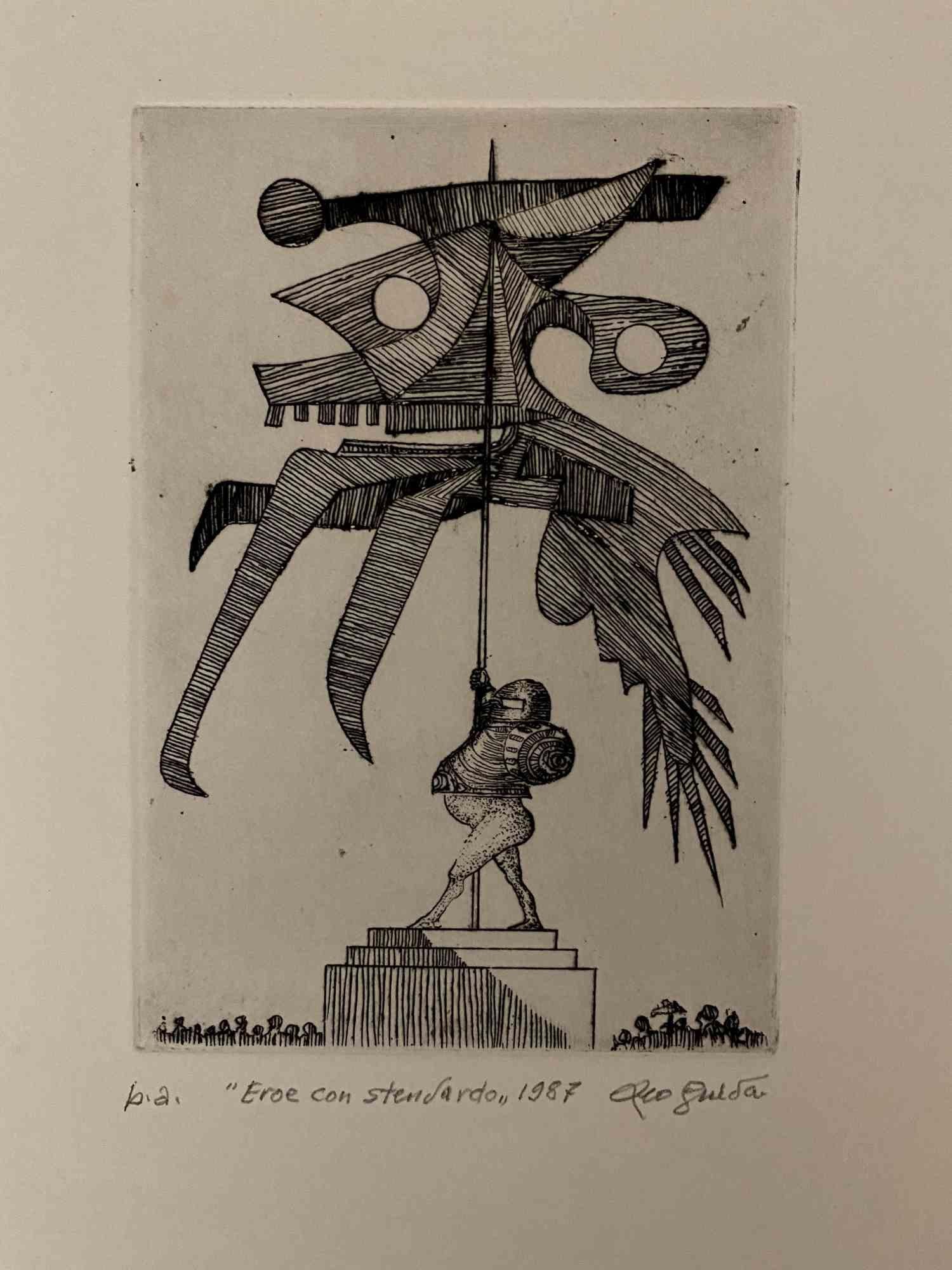 Hero with the banner is an original Contemporary artwork realized in 1987 by the Italian Contemporary artist  Leo Guida  (1992 - 2017).

Original etching on paper

Hand-signed on the lower right in pencil and dated.

Artist's proof, on the lower