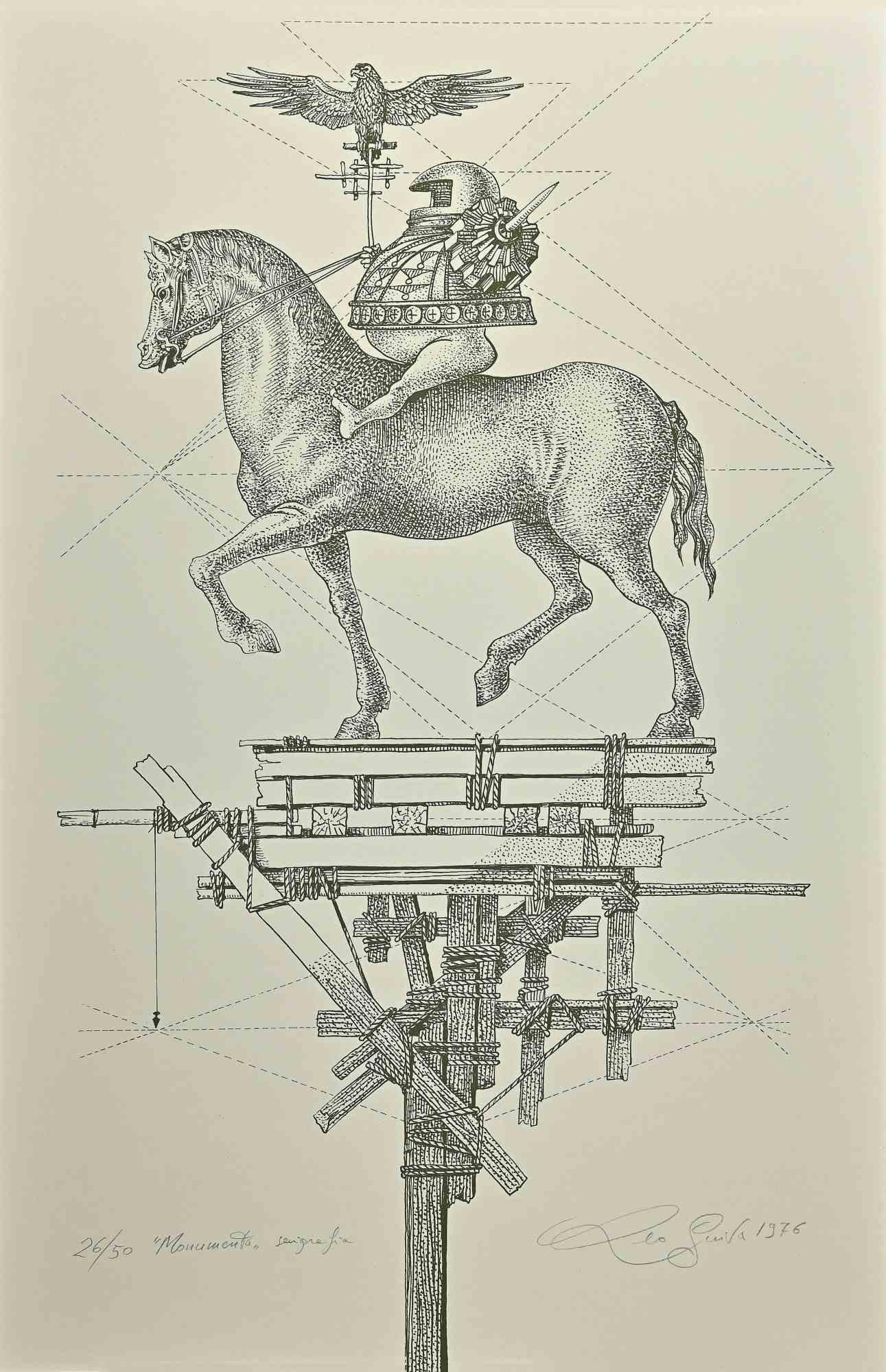 Horse is an etching artwork on paper realized in 1976 by Leo Guida.

The artwork represents a horse and his satirical rider with an eagle opened-winged in his hand. The artwork is depicted skillfully through confident strokes and characterized by a
