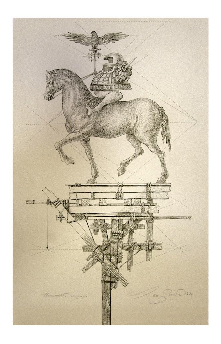 Horse is an original etching artwork on paper realized in 1976 by Leo Guida.

Hand-signed in pencil and dated on the lower right.

Titled on the lower left in Italian" Monumento, serigraph"

The state of preservation is very good.

The artwork