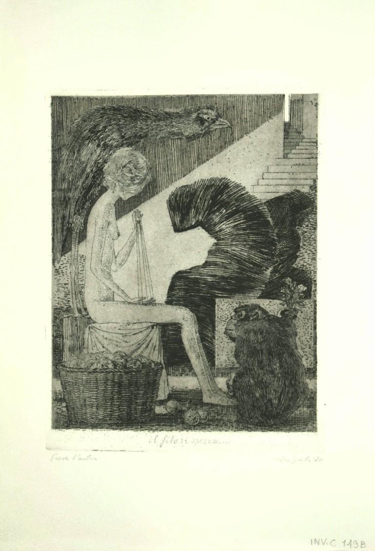 Il Filo Si Spezza es un grabado original en blanco y negro realizado  por Leo Guida.

Firmado a mano y fechado a lápiz, en la parte inferior derecha.

Título en la parte inferior central.

 El estado de conservación es bueno. "INV.C. 149B", en el