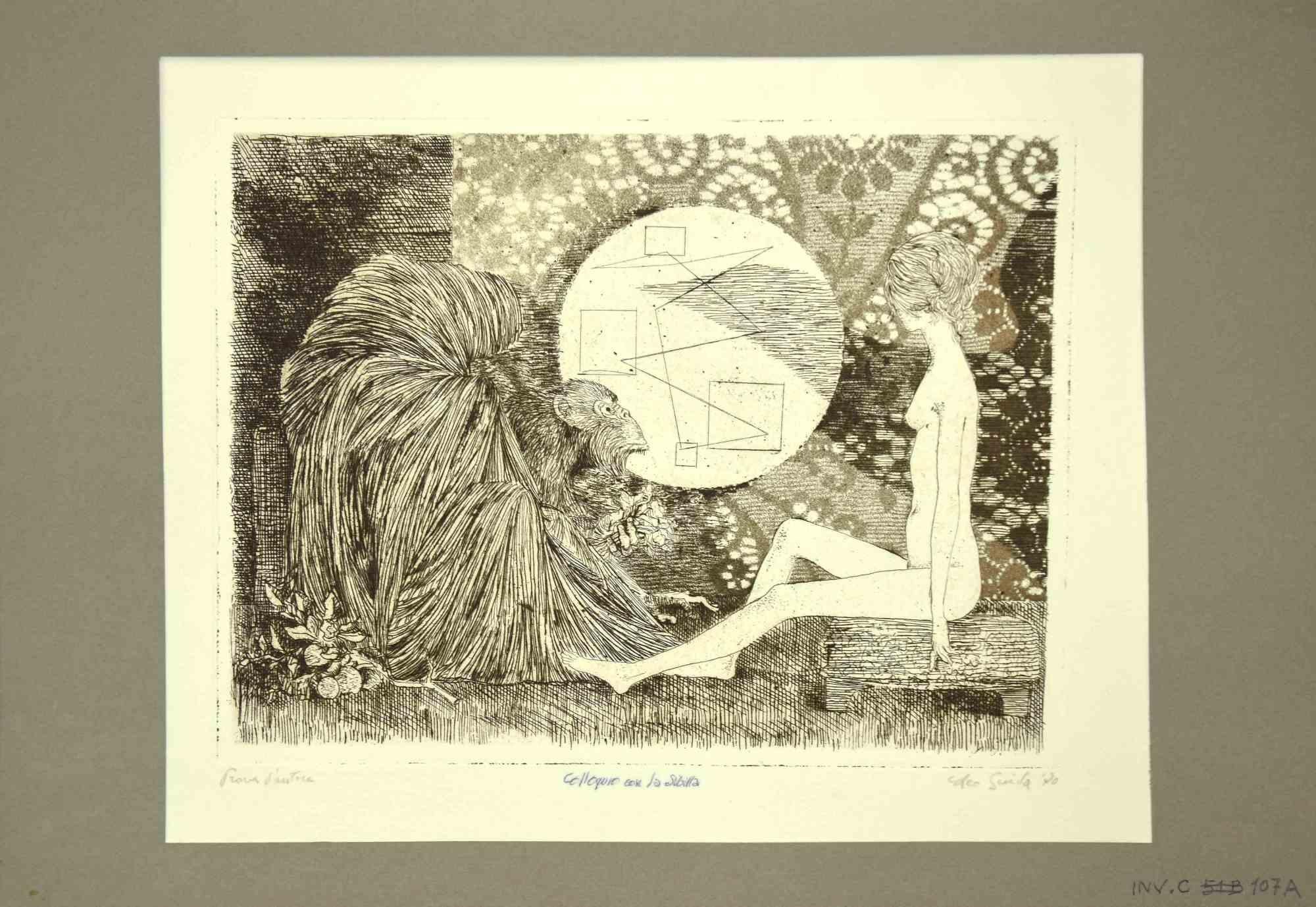 Entrevista con la Sibila es una obra de arte original realizada en 1970 por el artista contemporáneo italiano Leo Guida (1992 - 2017).

Grabado original sobre cartón

Firmado a mano en la parte inferior derecha a lápiz y fechado.

Prueba de artista,