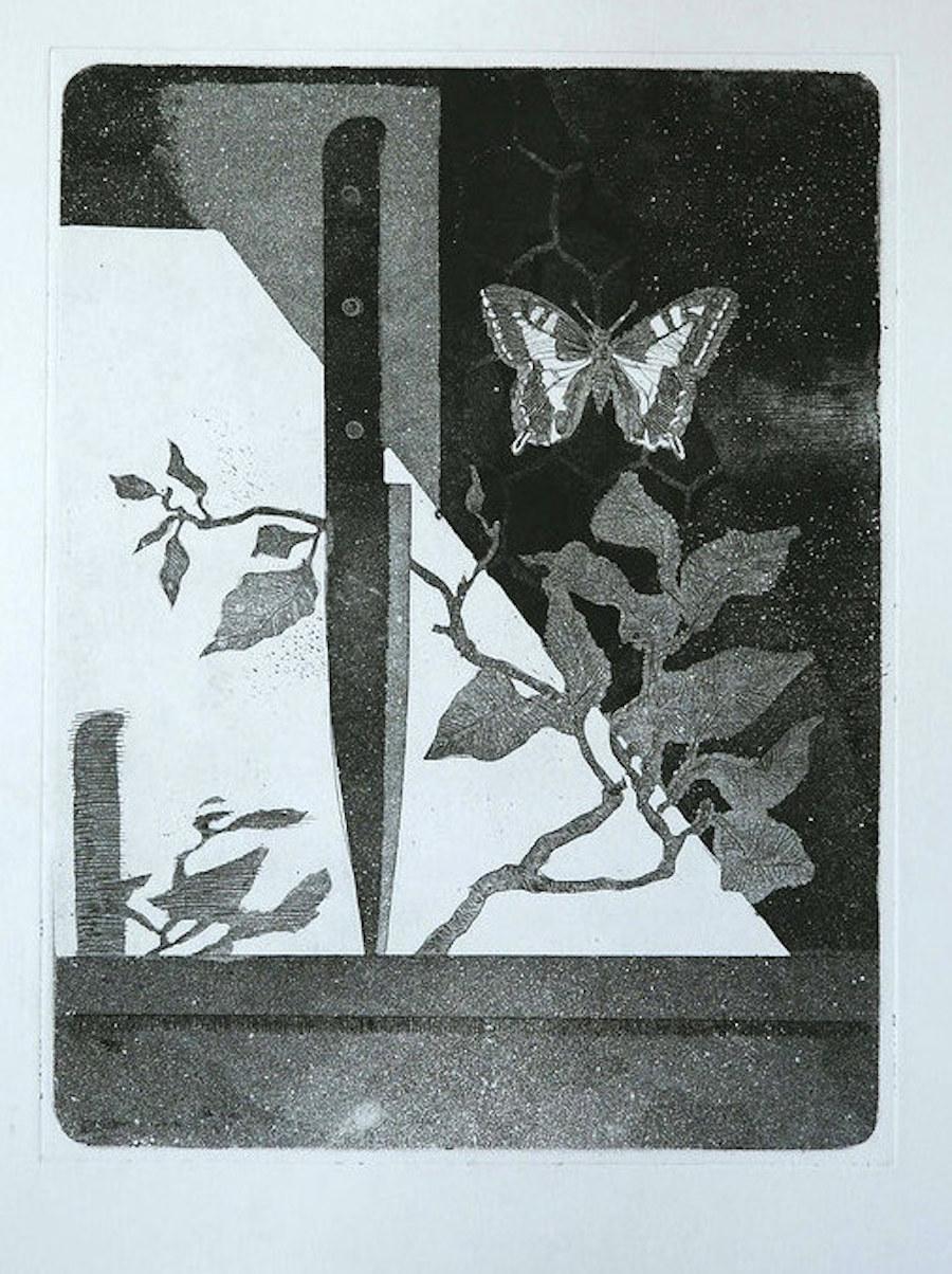 Couteau et papillon - eau-forte de Leo Guida - 1970