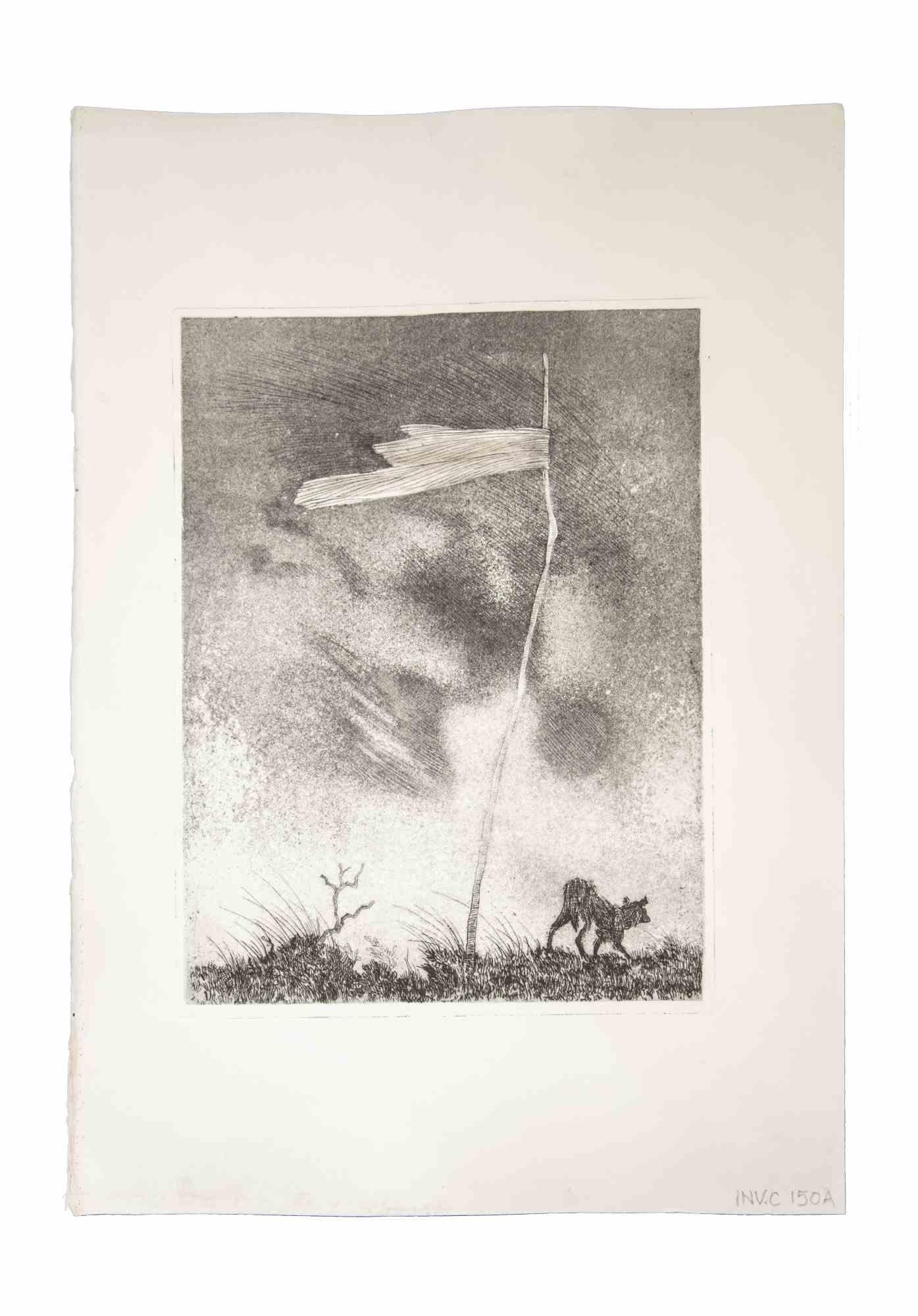 Lonely Flag - Original Etching and Aquatint by Leo Guida - 1970s