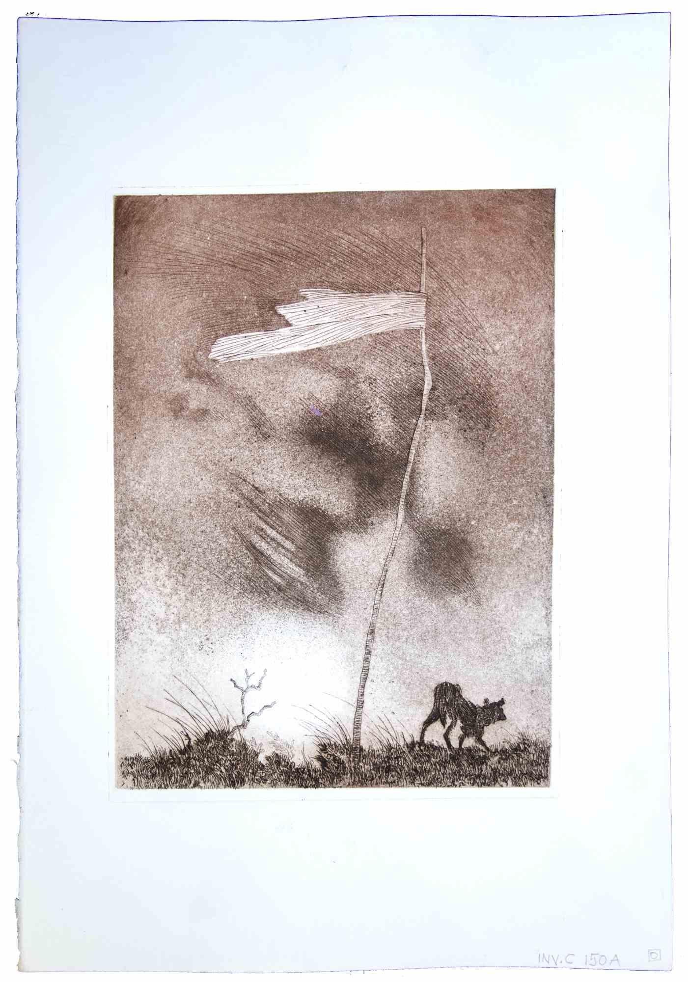 Drapeau solitaire - eau-forte originale de Leo Guida - 1970