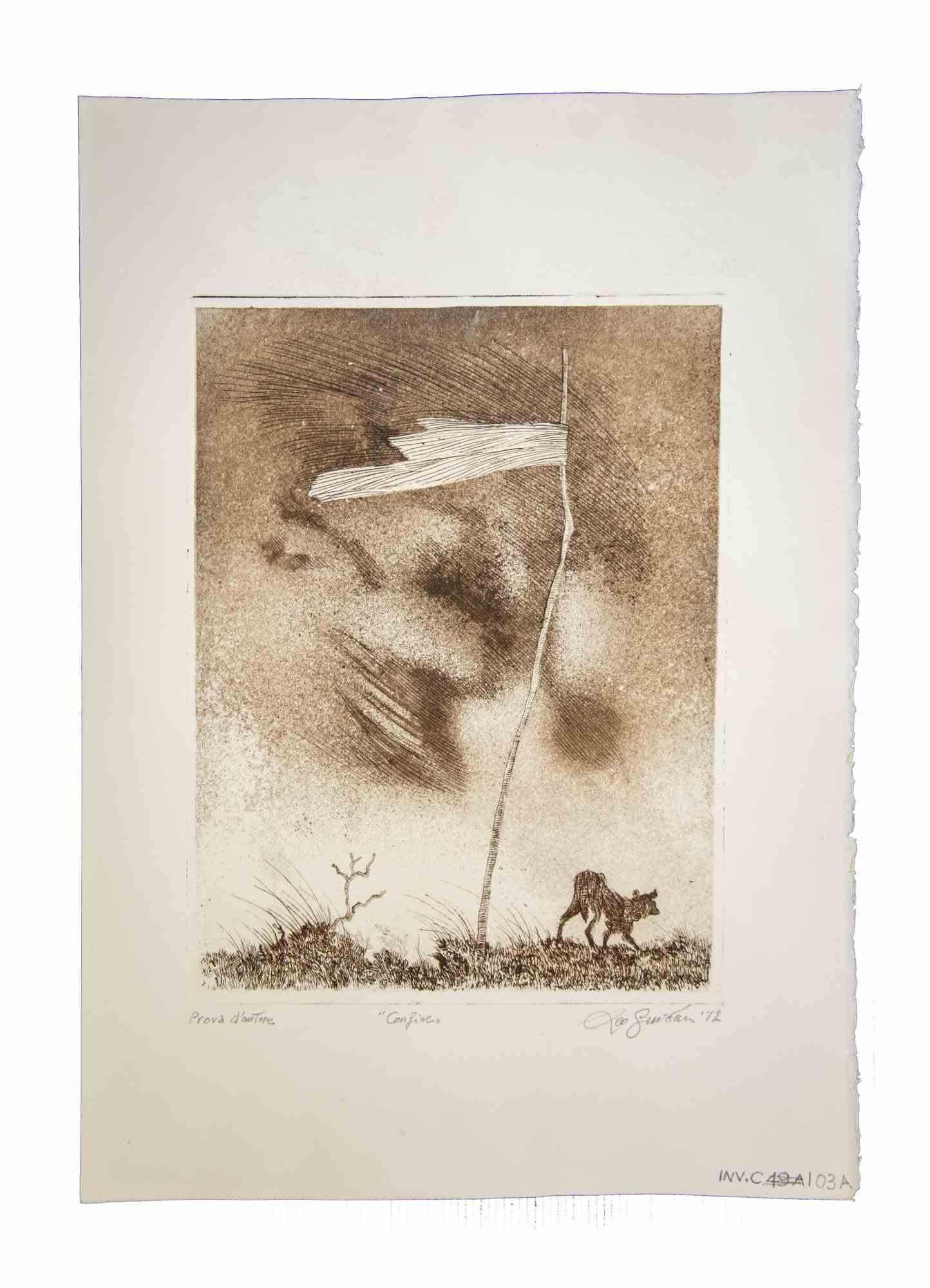 Drapeau solitaire - Impression originale de Leo Guida - 1972
