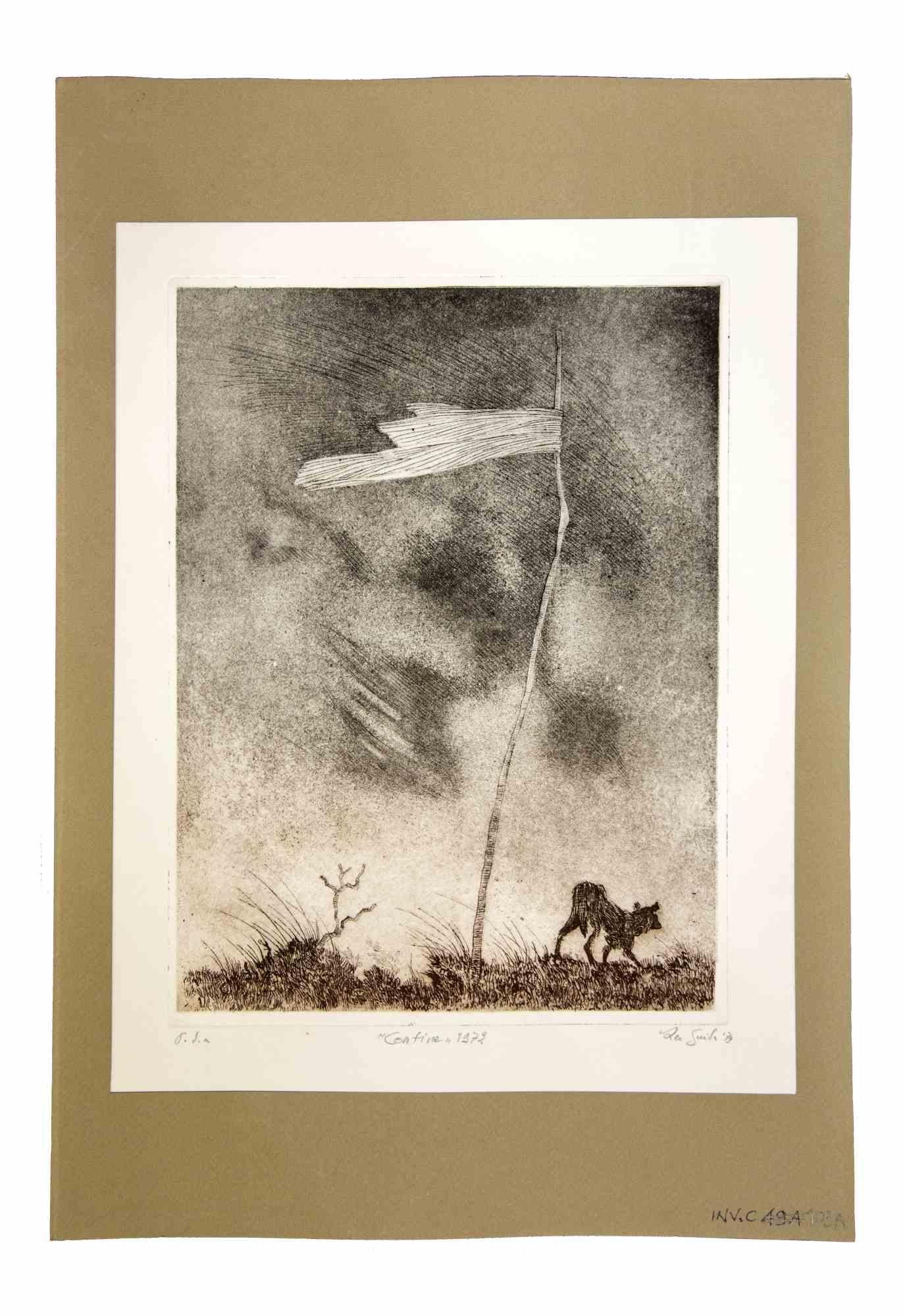 Lonely Flag is an original etching and aquatint realized by Leo Guida in 1972.

Guter Zustand.

Mounted on a white and brown cardboard passpartout (50x34.5 cm).

Hand signed and dated with pencil by the artist.

Leo Guida  (1992 - 2017). Sensitive