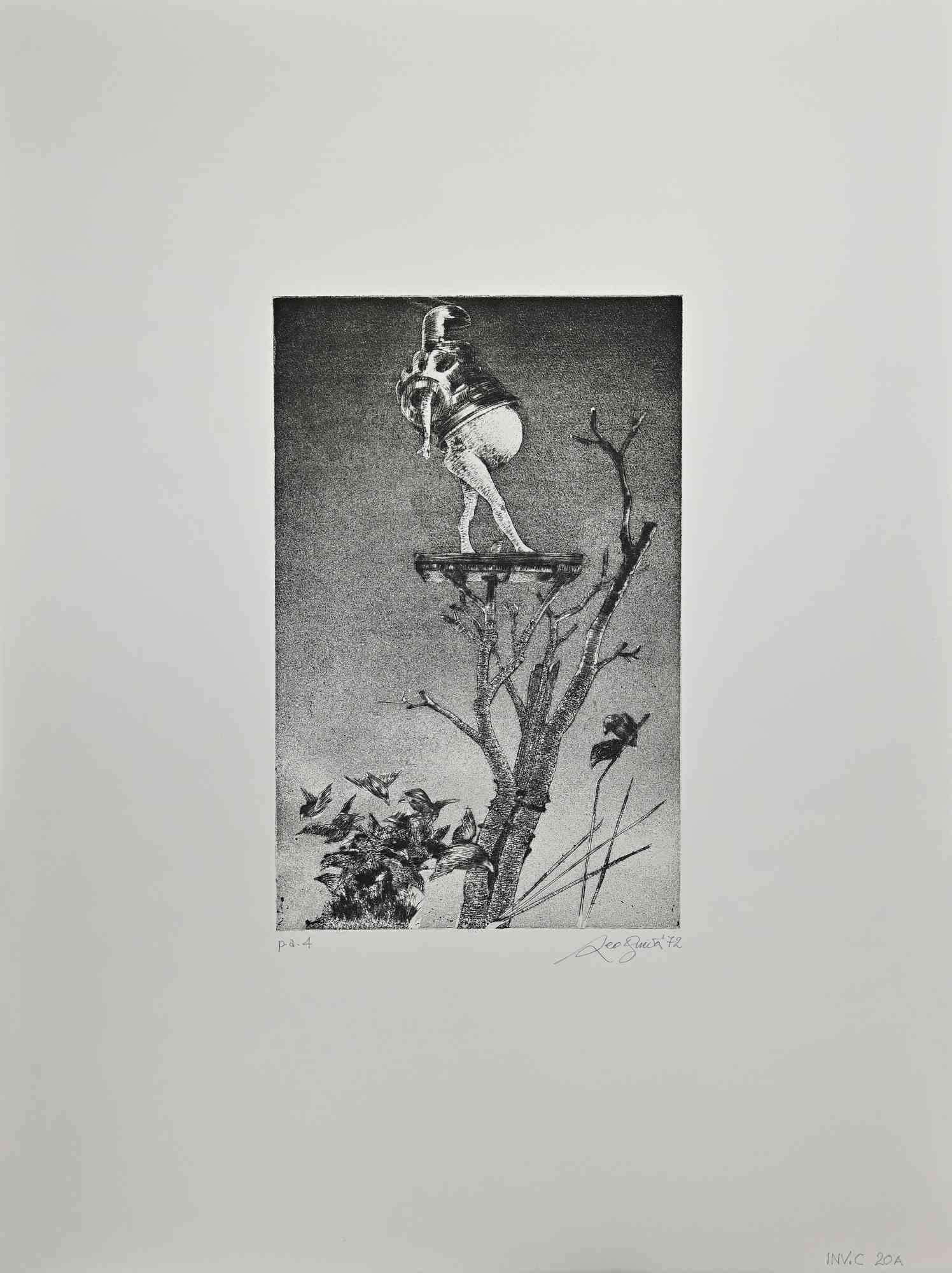 Der Mann auf einem Baum – Radierung von Leo Guida – 1972