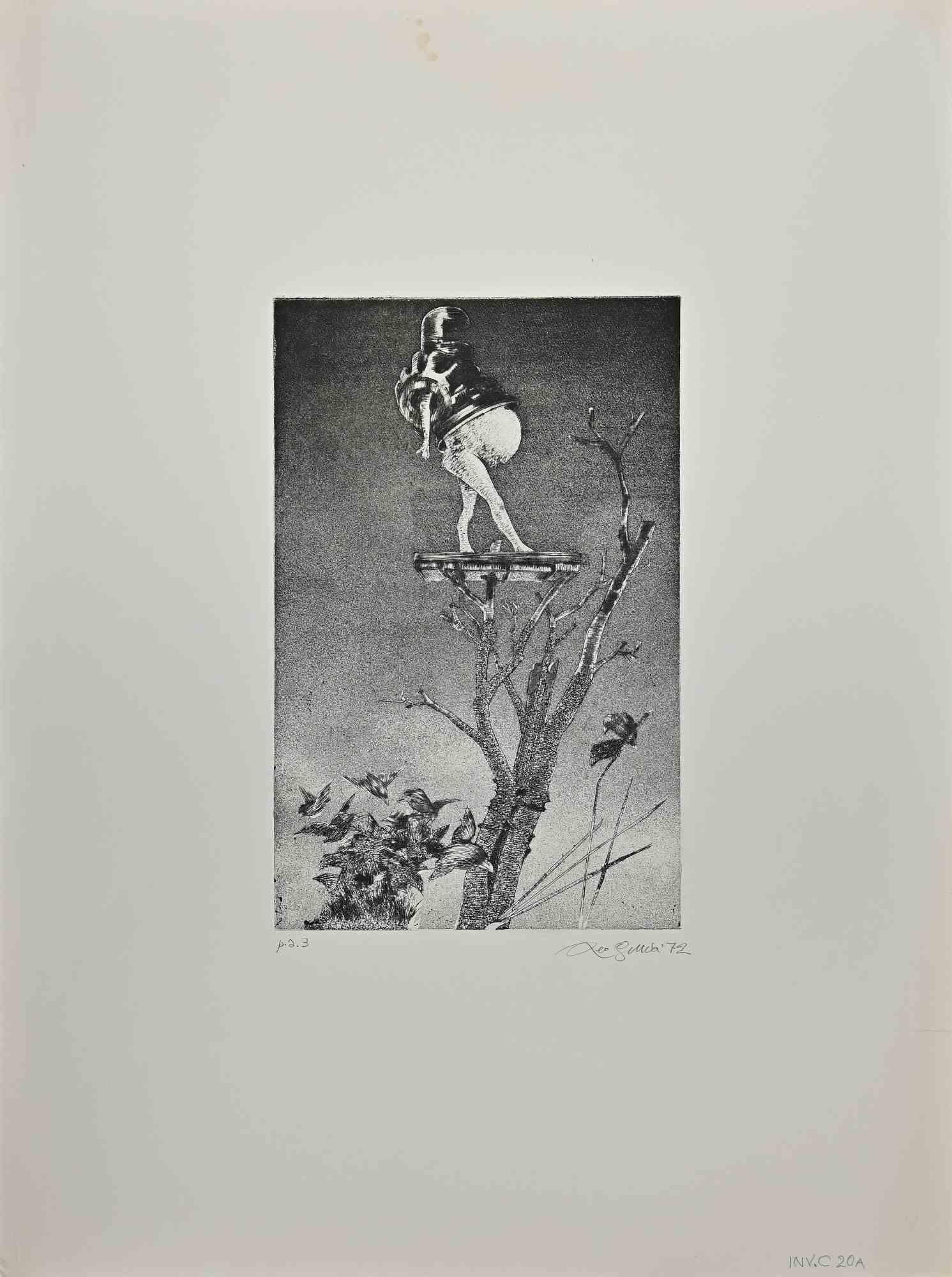 Man on a tree is an etching realized by Leo Guida, in 1972. 

Hand-signed and dated on the left lower margin, Leo Guida 72' , Inv. C20 A.

64X48 cm.

Good Conditions.

 

Leo Guida was sensitive to current issues, artistic movements and historical