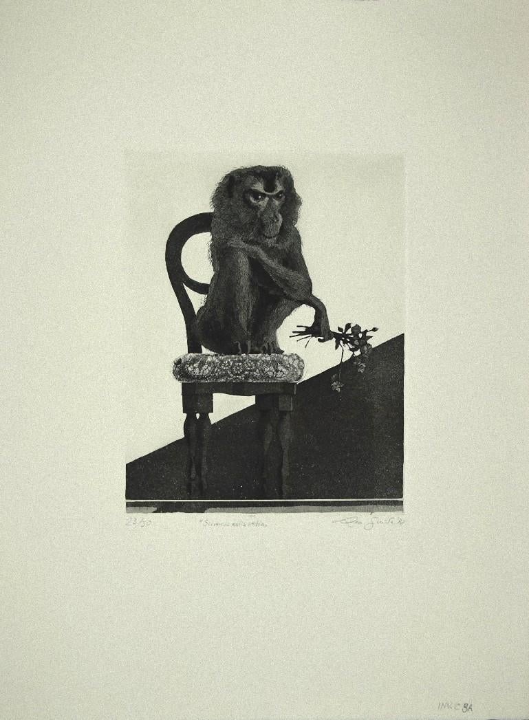 Monkey on the Chair - Original Etching on Paper by Leo Guida - 1972