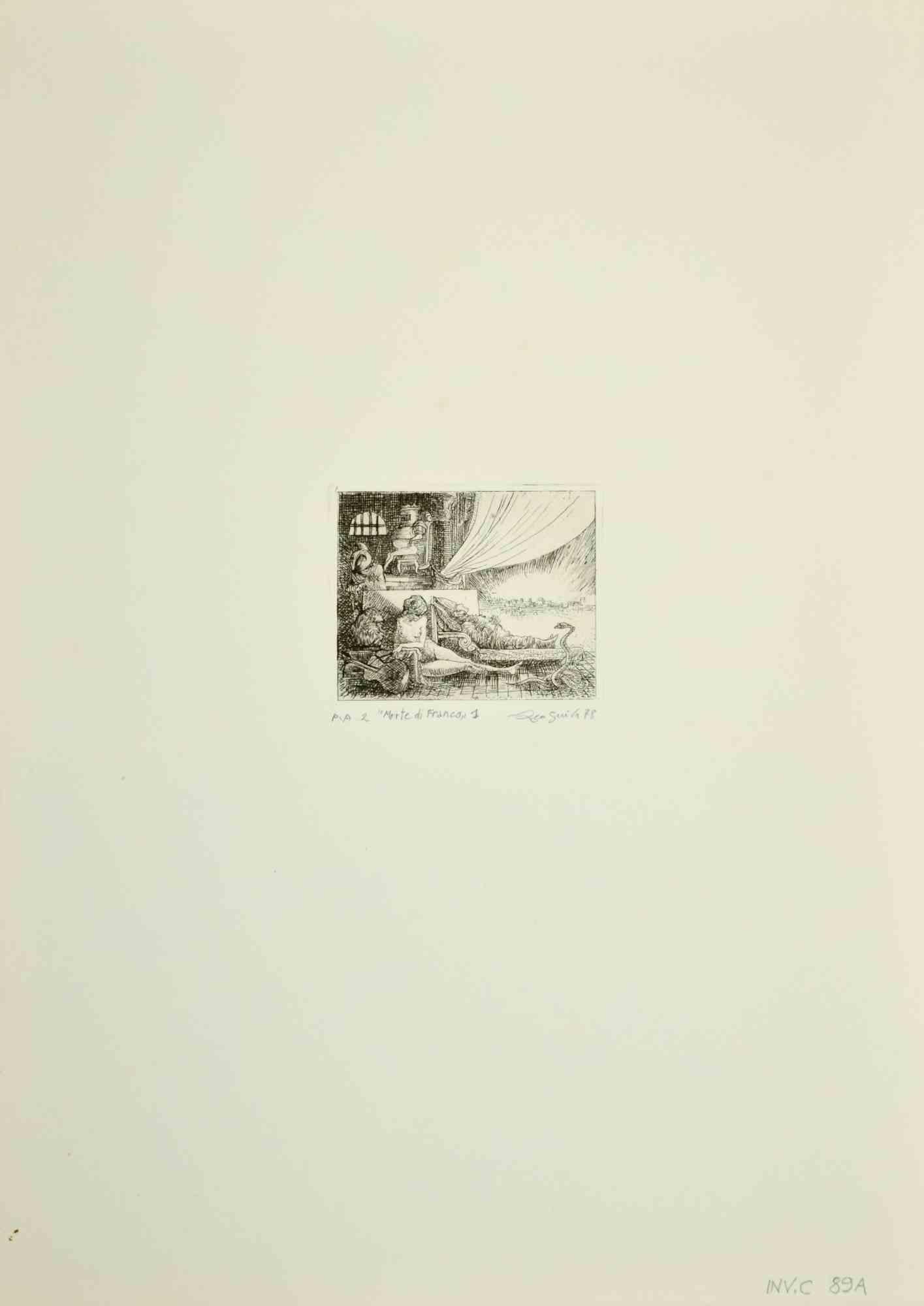 Morte di Franco is an etching print realized by Leo Guida in 1978.

Hand-signed, dated, titled. Artist's proof.

Good condition.

Leo Guida  (1992 - 2017). Sensitive to current issues, artistic movements and historical techniques, Leo Guida has been