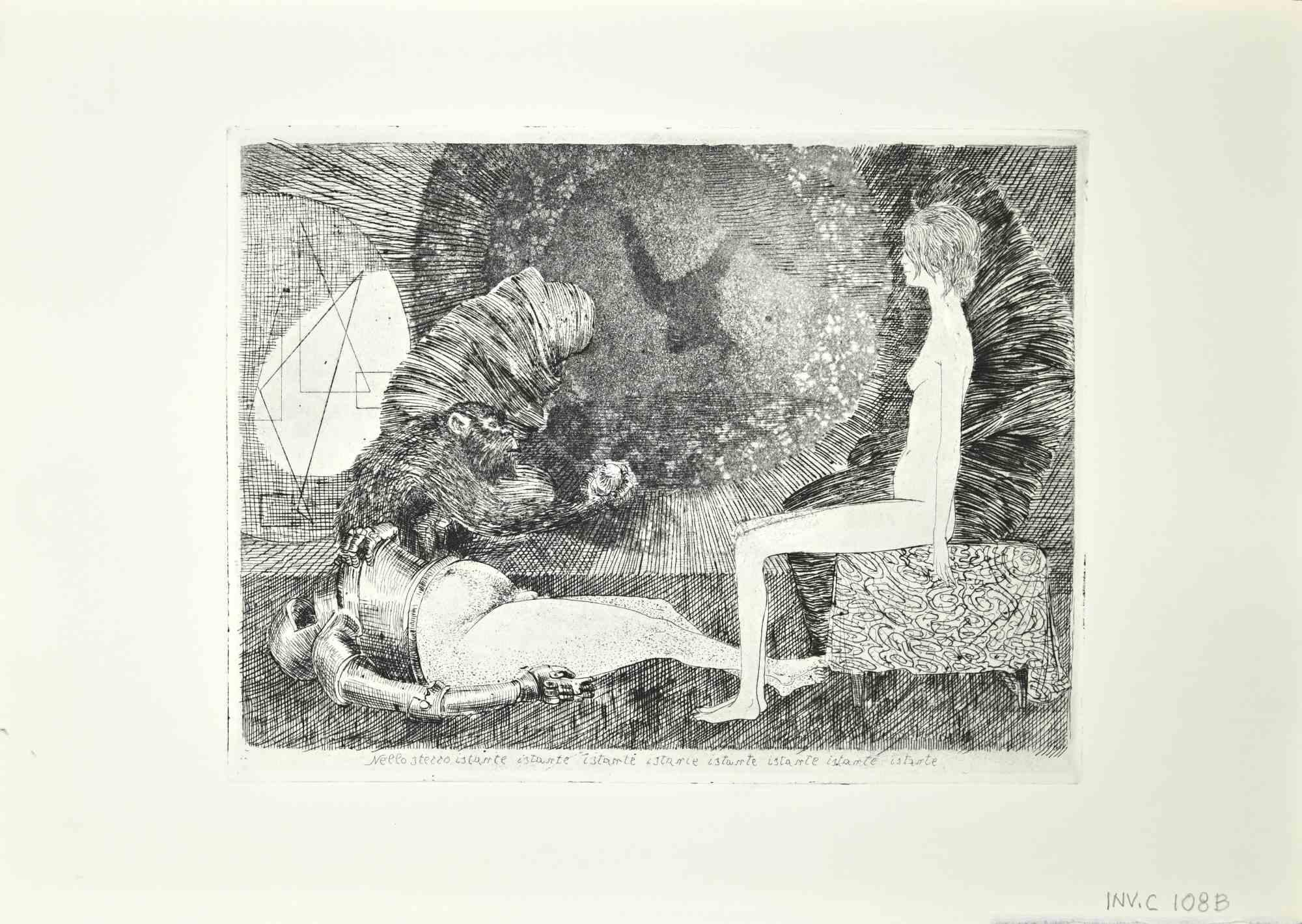 Nello Stesso Istante (ripetuto 8 volte) is an artwork realized by Leo Guida in 1970. 

Etching on paper. Titled lower side.

Good conditions.