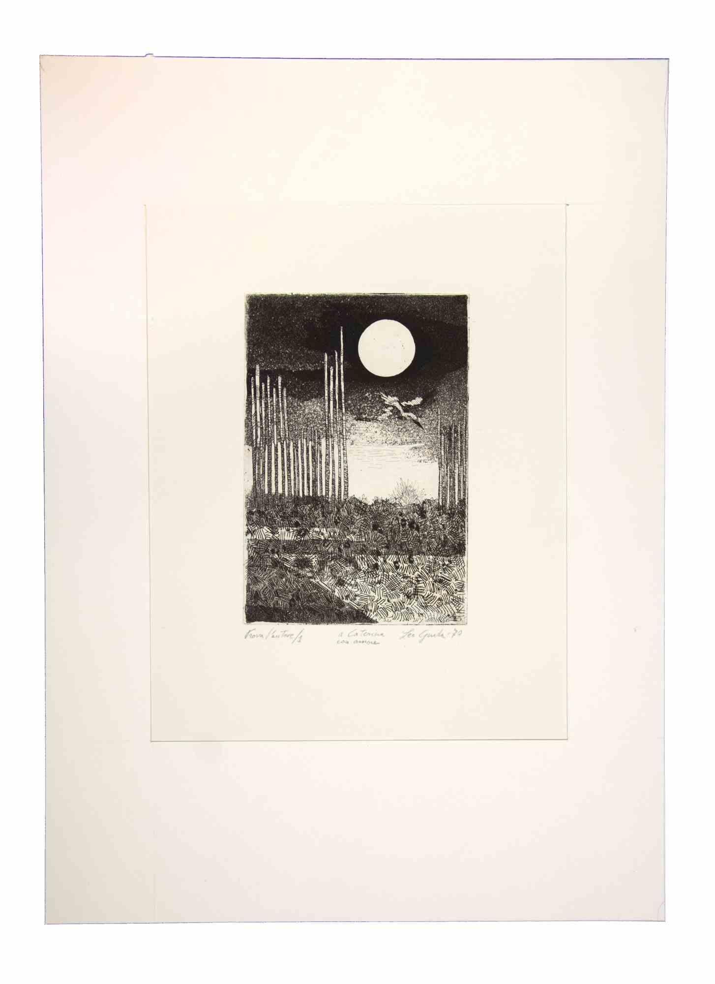 Night Landscape is an original artwork realized  in 1970 by the Italian Contemporary artist  Leo Guida  (1992 - 2017).

Etching and aquatint on ivory-colored paper, with a cardboard (39 x 28,5 cm)
 
Hand-signed and dated on the lower margin.

In