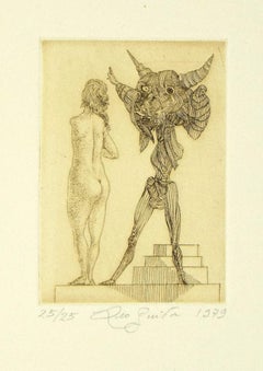Vintage Nude and Creature - Original Etching by Leo Guida - 1979