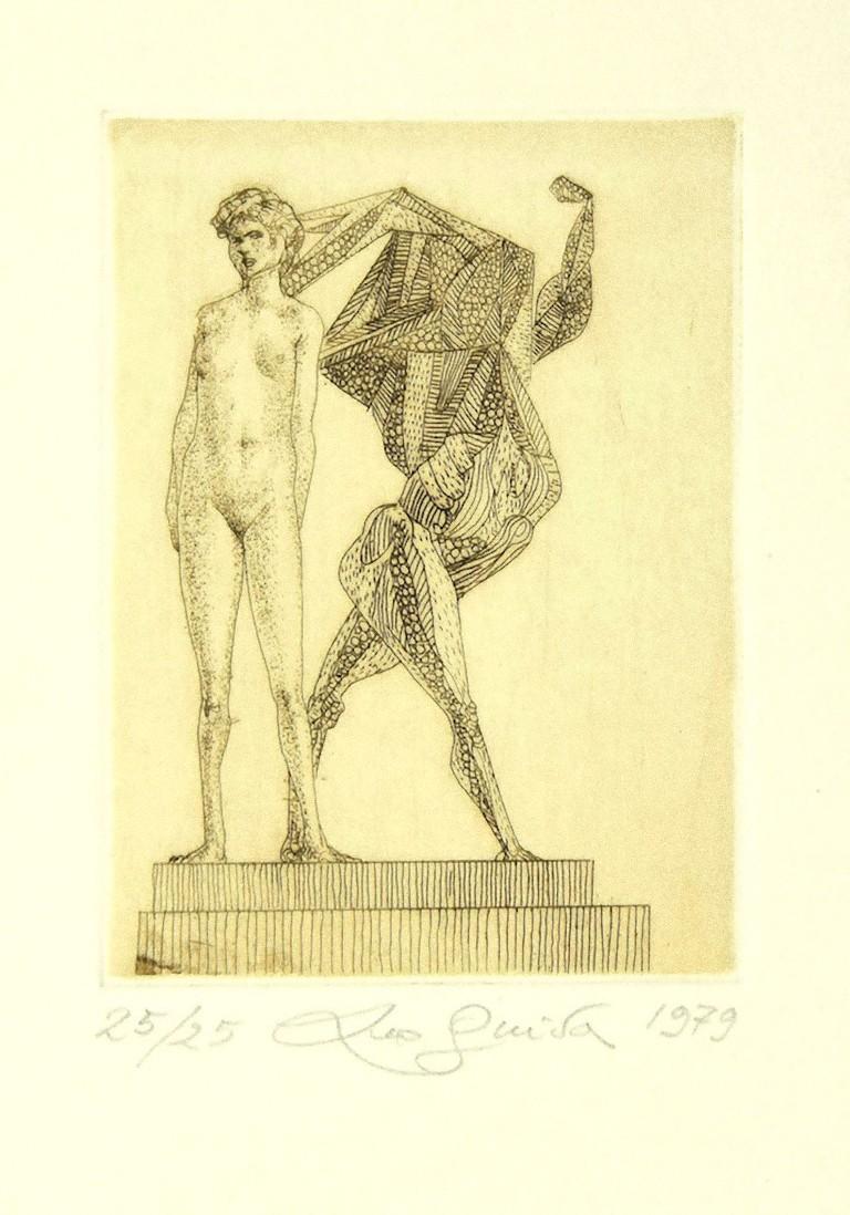 Nude and Creature - Original Etching by Leo Guida - 1979